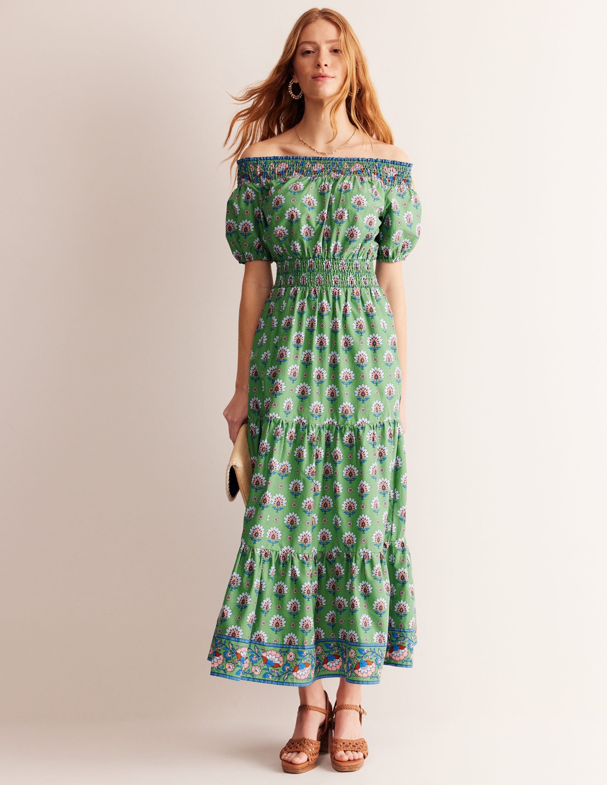 Cotton Midi Smocked Dress-Stone Green, Passion Geo - Image 1