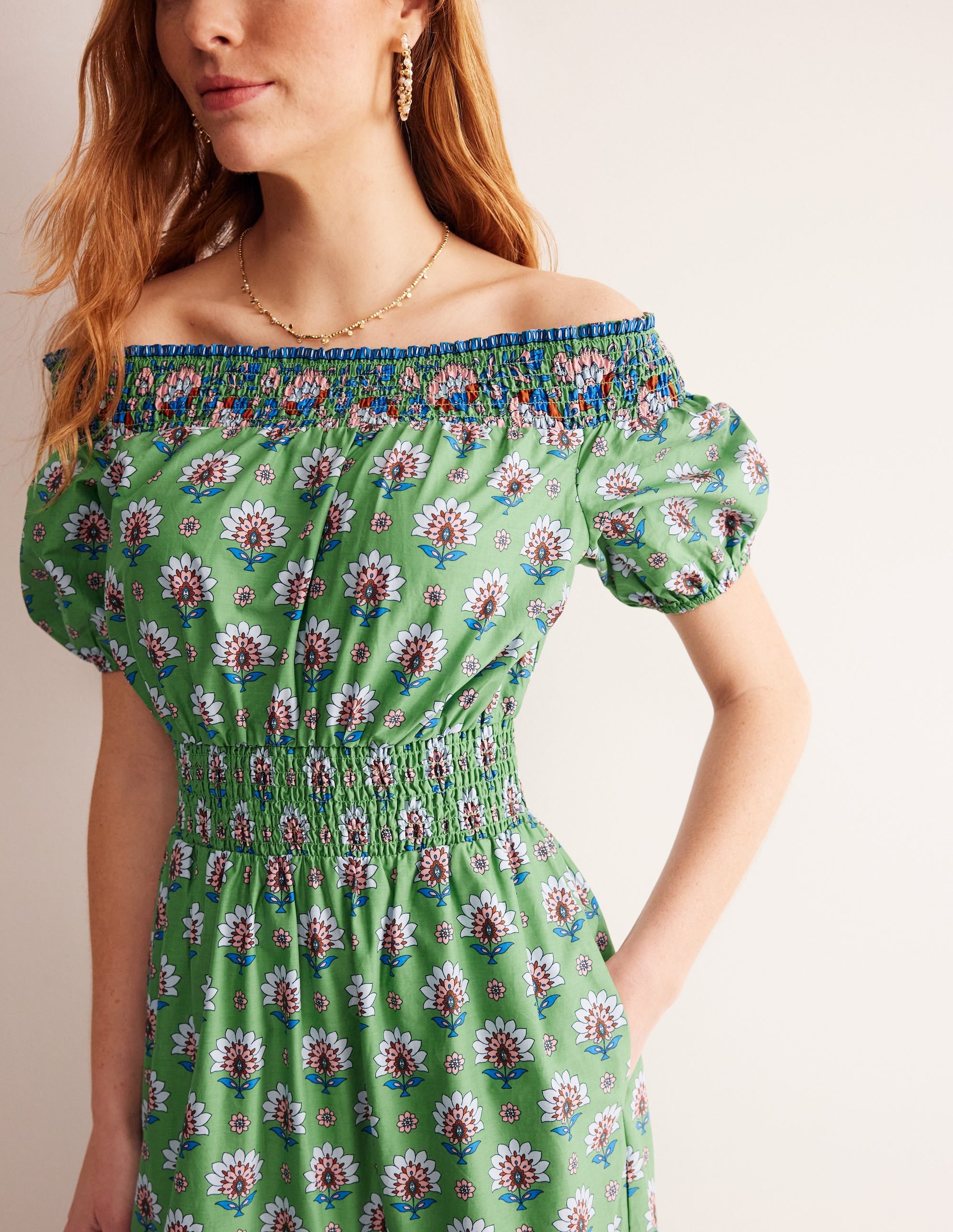 Cotton Midi Smocked Dress-Stone Green, Passion Geo - Image 2