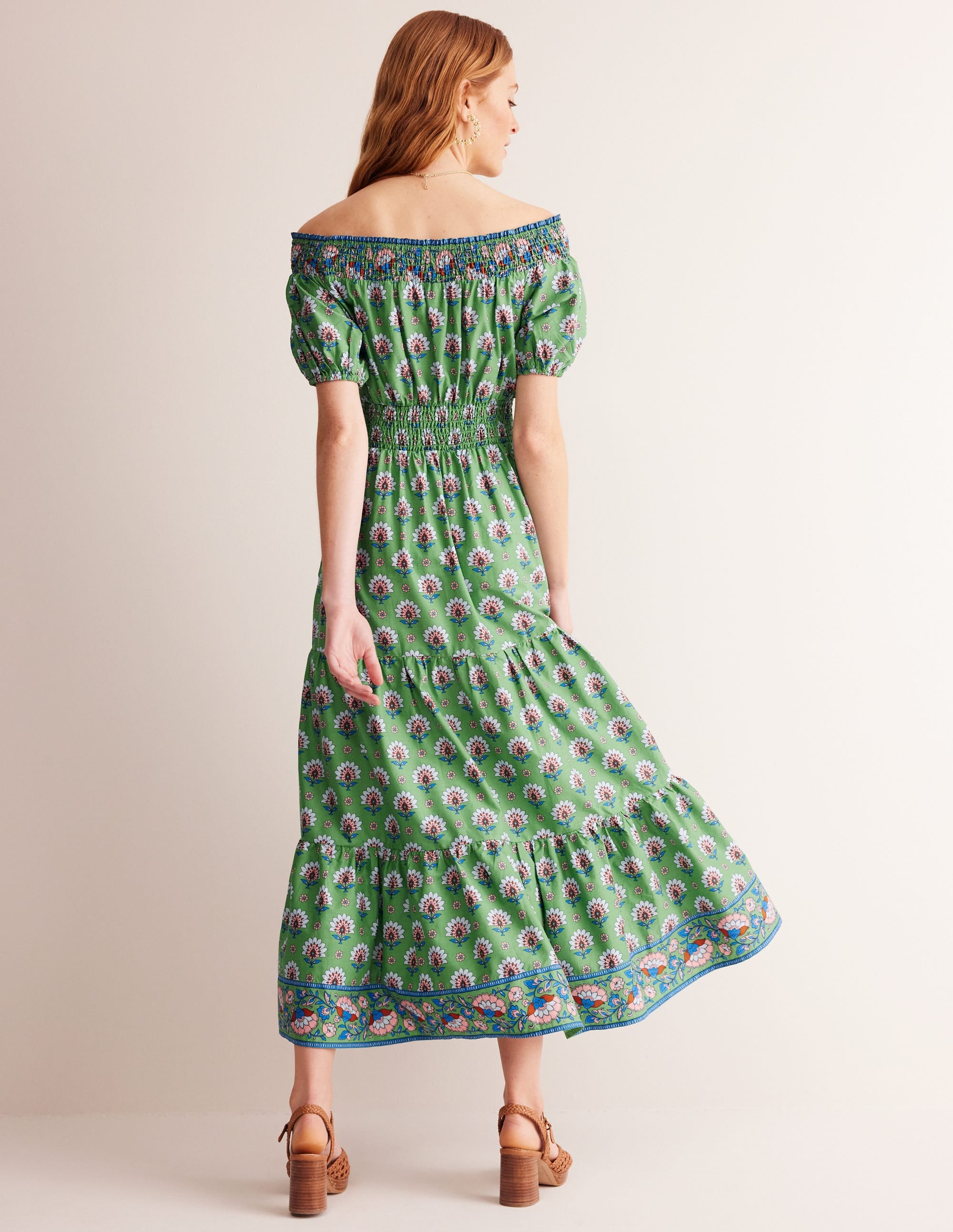 Cotton Midi Smocked Dress-Stone Green, Passion Geo - Image 3