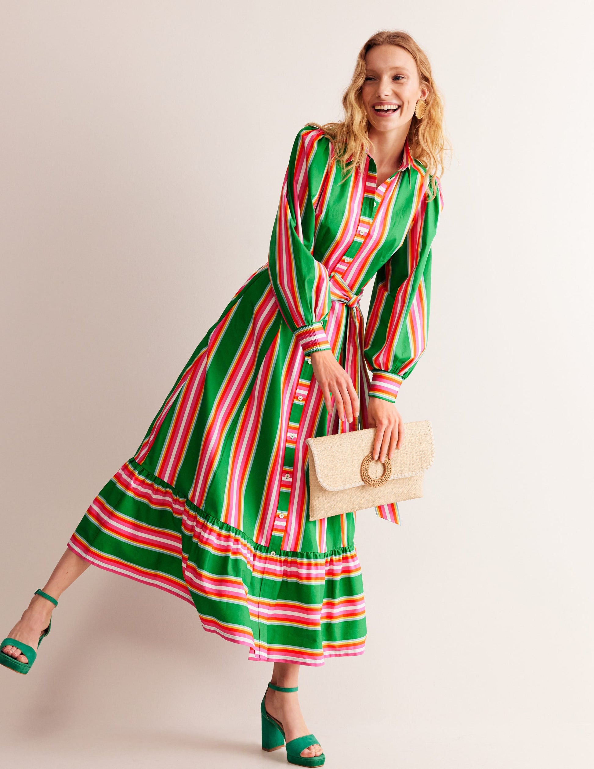 Cotton Midi Shirt Dress-Green Tambourine, Pink Stripe | Boden AU Cotton Midi Shirt Dress-Green Tambourine, Pink Stripe | Boden AU