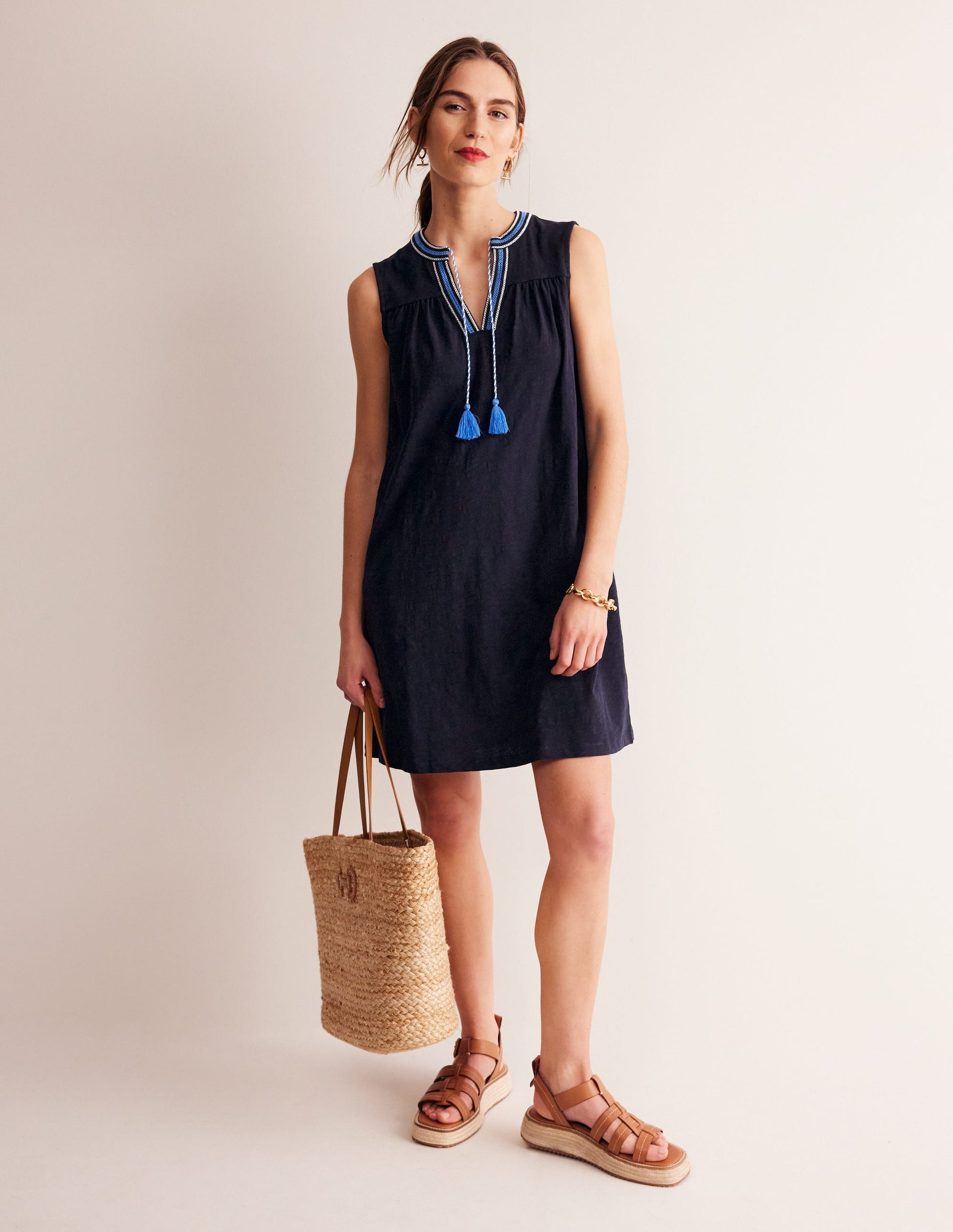 Nadine Notch Cotton Dress-Navy-1