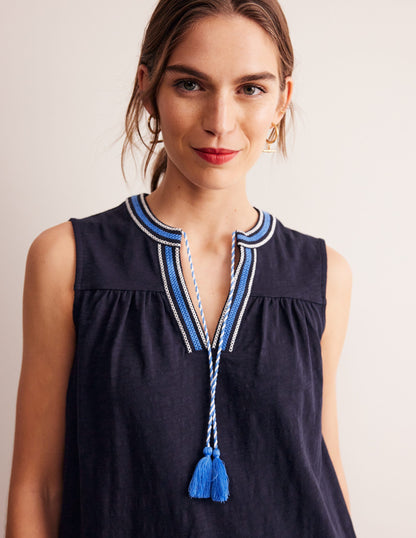 Nadine Notch Cotton Dress-Navy-2