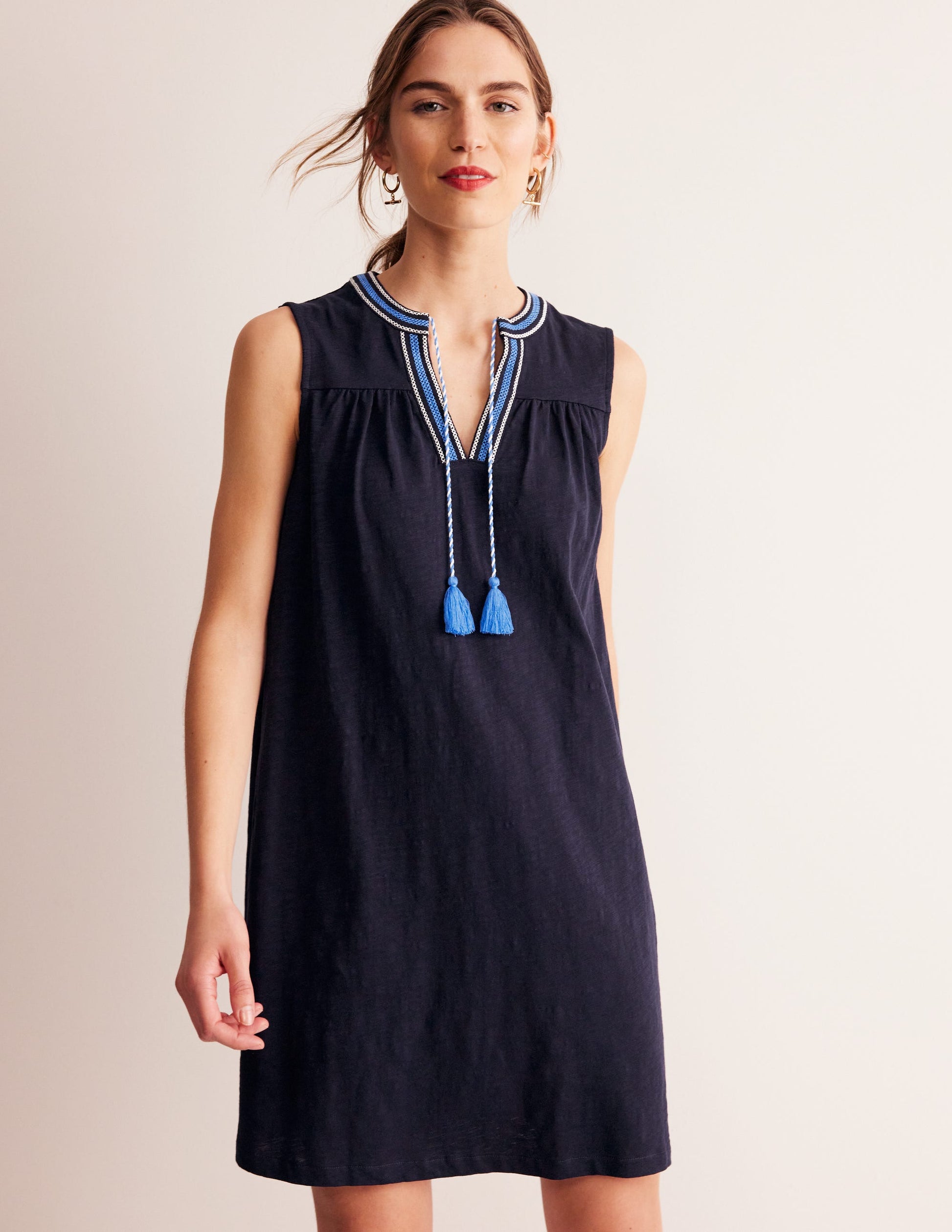 Nadine Notch Cotton Dress-Navy-4