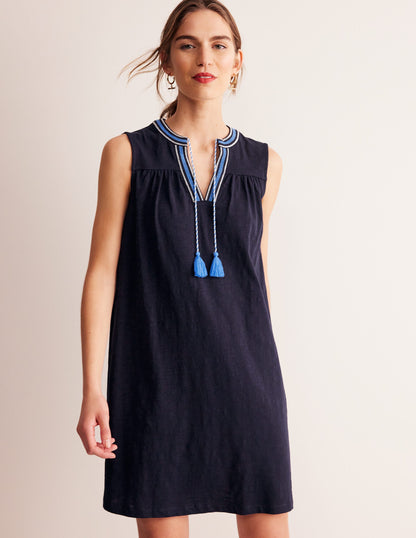 Nadine Notch Cotton Dress-Navy-4