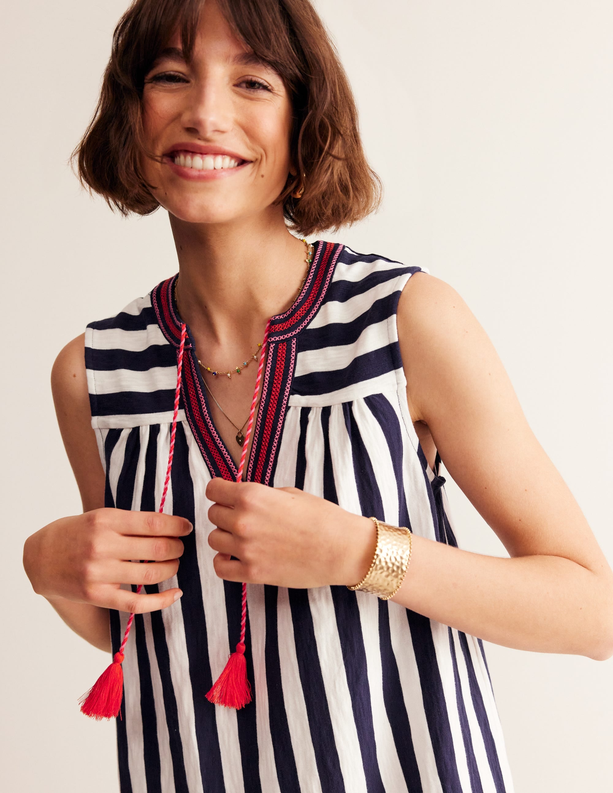 Nadine Notch Cotton Dress-Navy, Ivory Stripe - Image 1