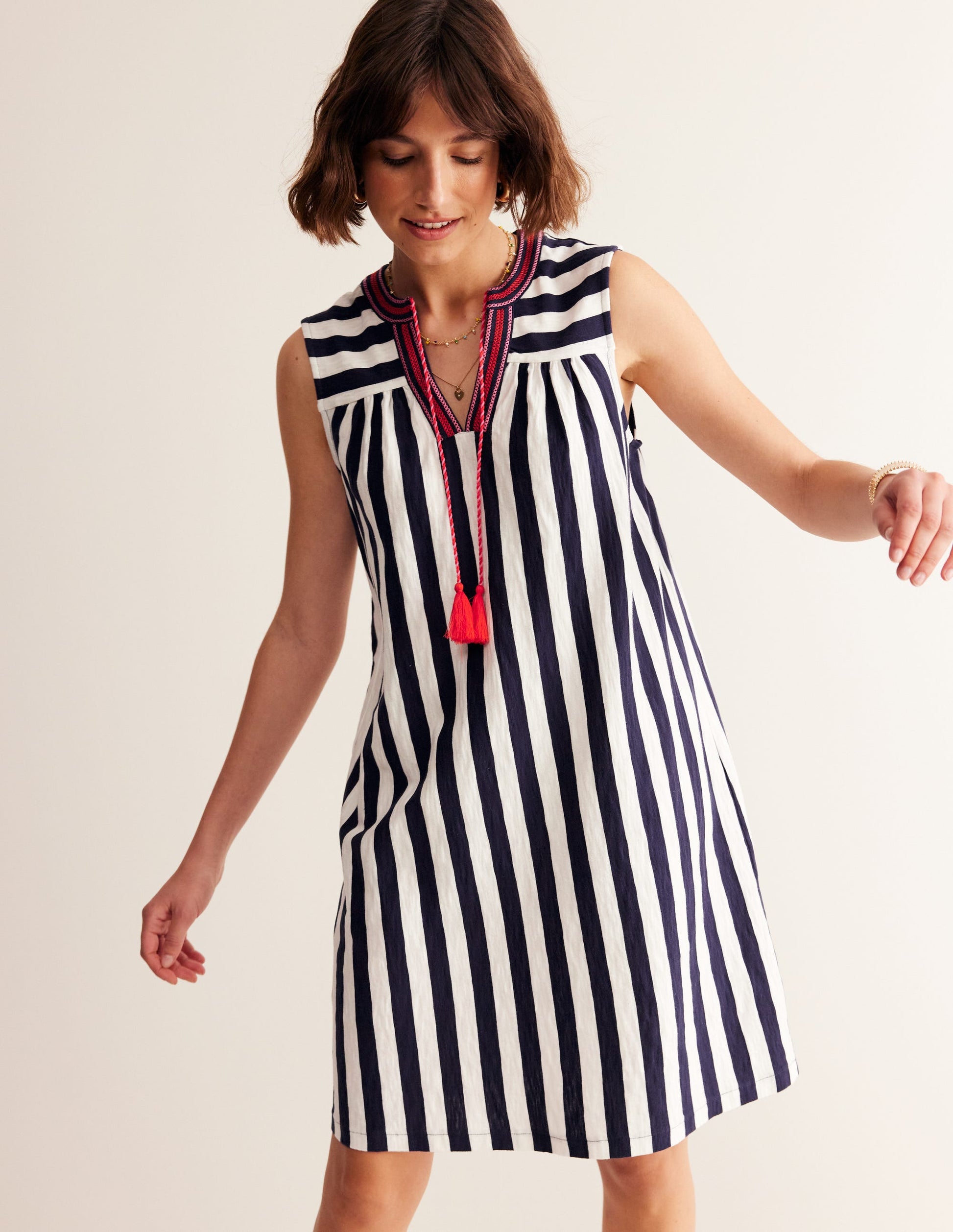 Nadine Notch Cotton Dress-Navy, Ivory Stripe-2