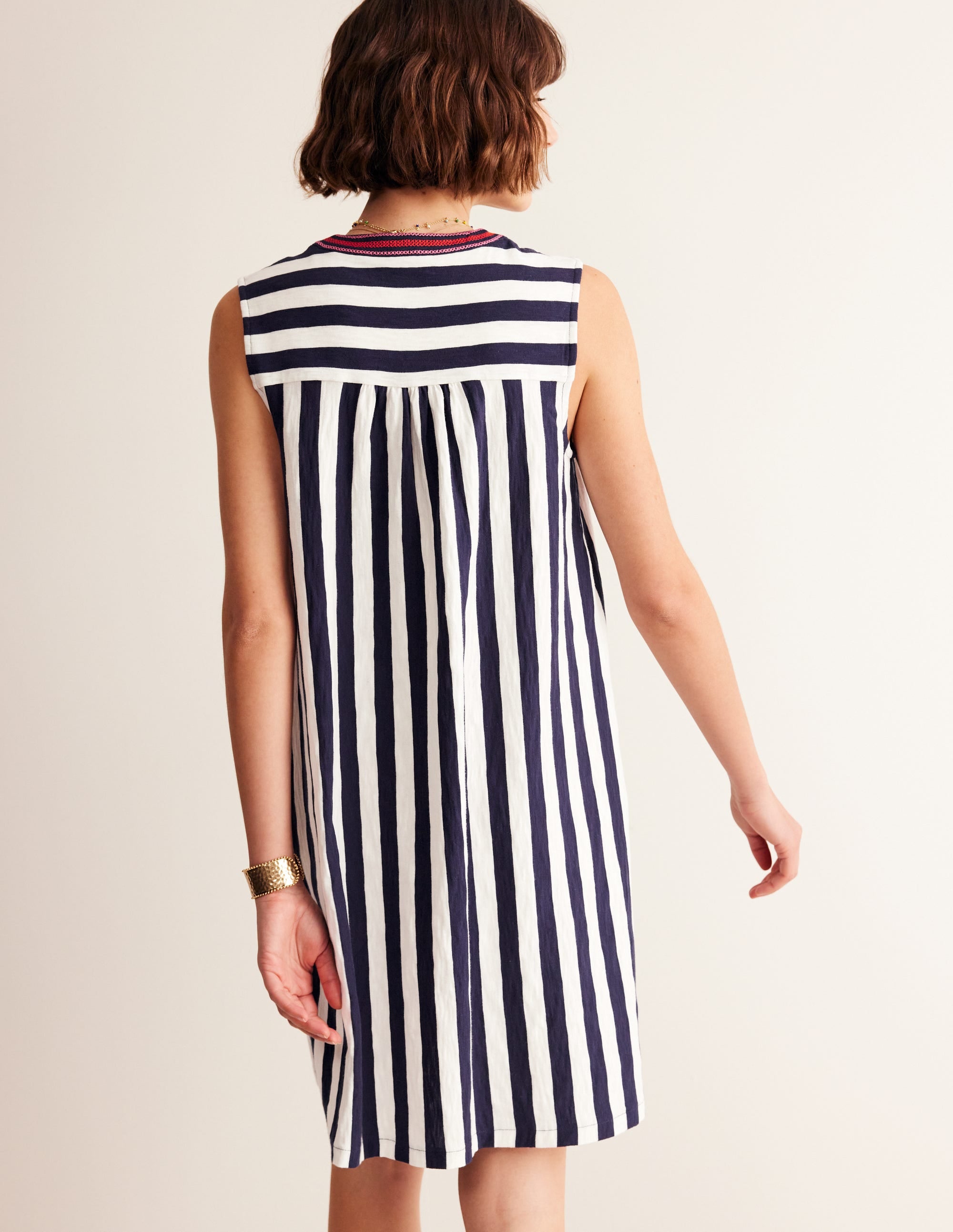 Nadine Notch Cotton Dress-Navy, Ivory Stripe - Image 3