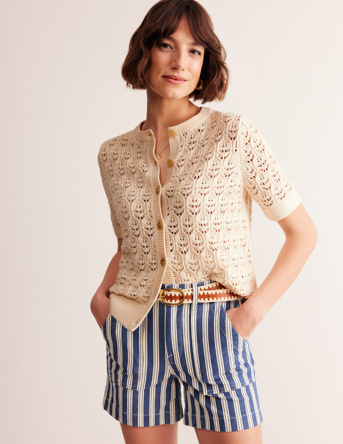 Short Sleeve Crochet Cardigan-Warm Ivory-1