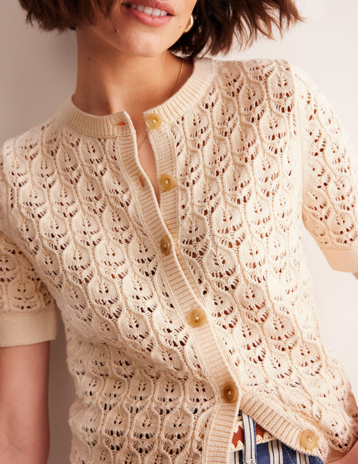 Short Sleeve Crochet Cardigan-Warm Ivory-2