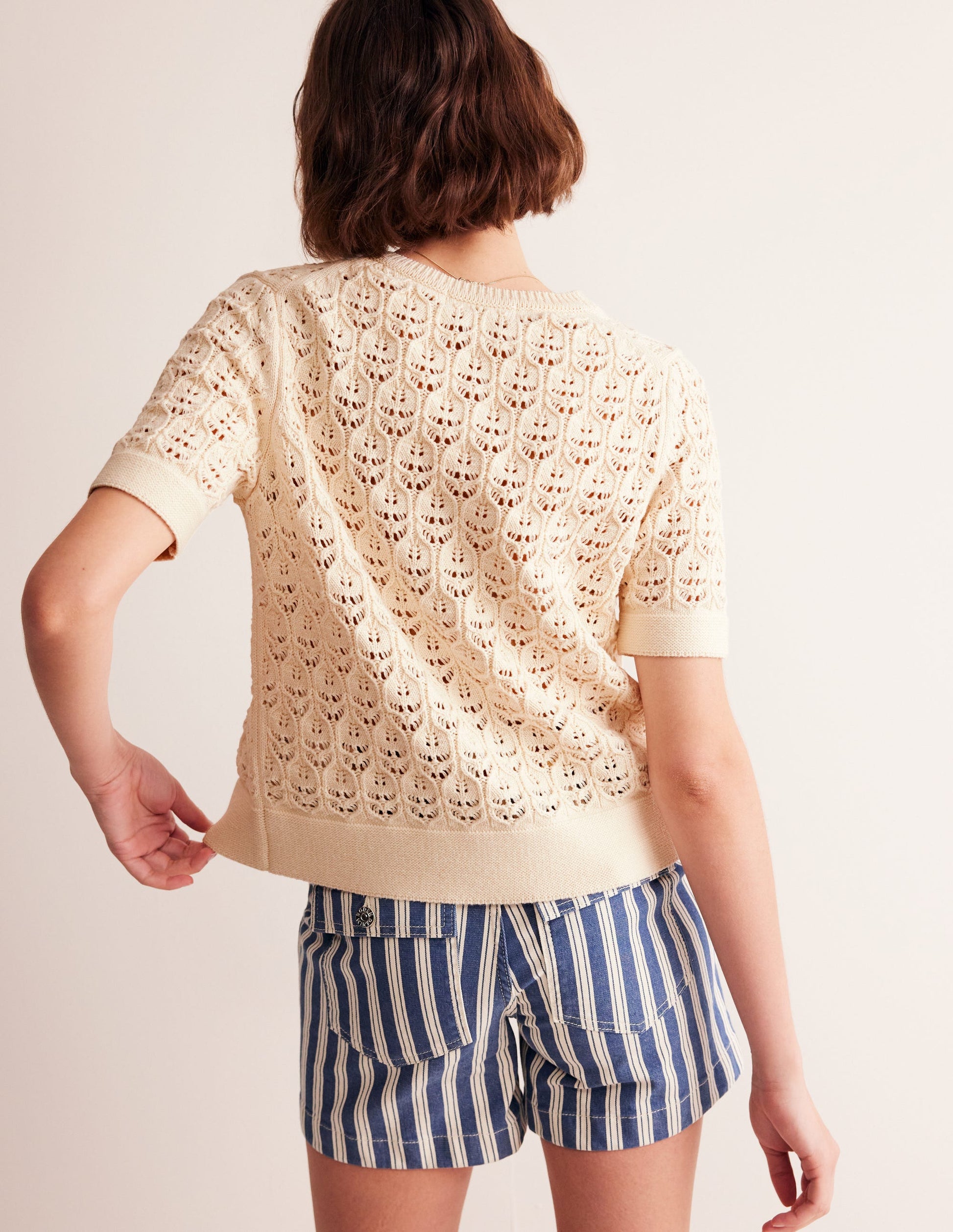 Short Sleeve Crochet Cardigan-Warm Ivory-3