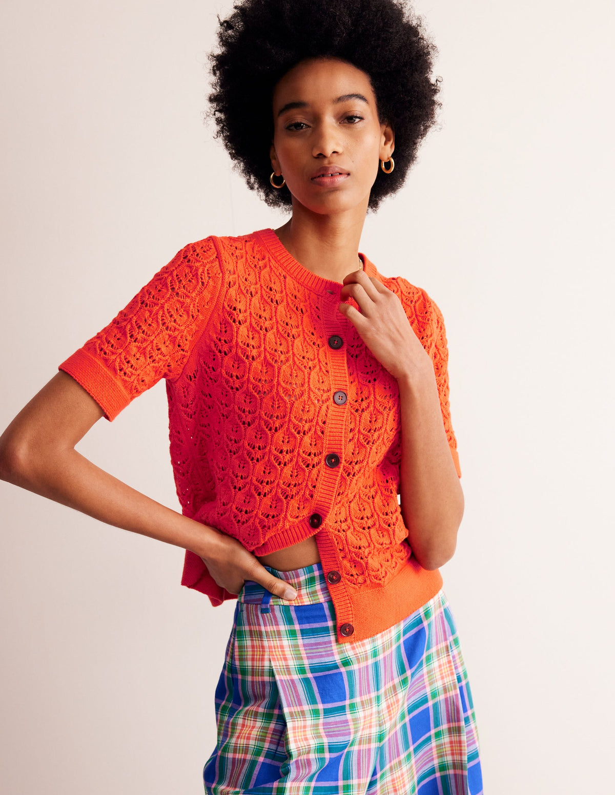Short Sleeve Crochet Cardigan-Gladioli Orange-1