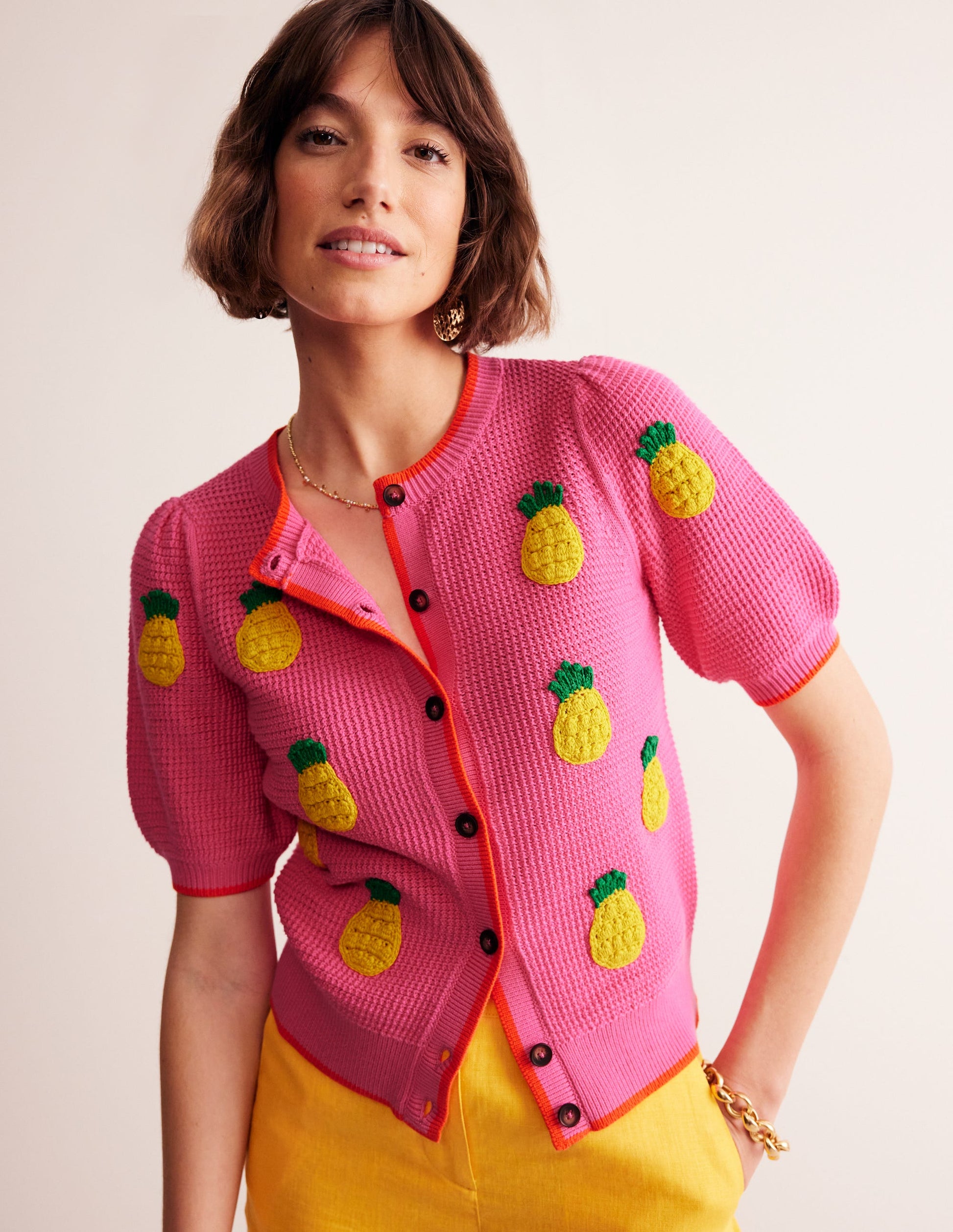 Embroidered T-Shirt Cardigan-Party Pink, Pineapples-1