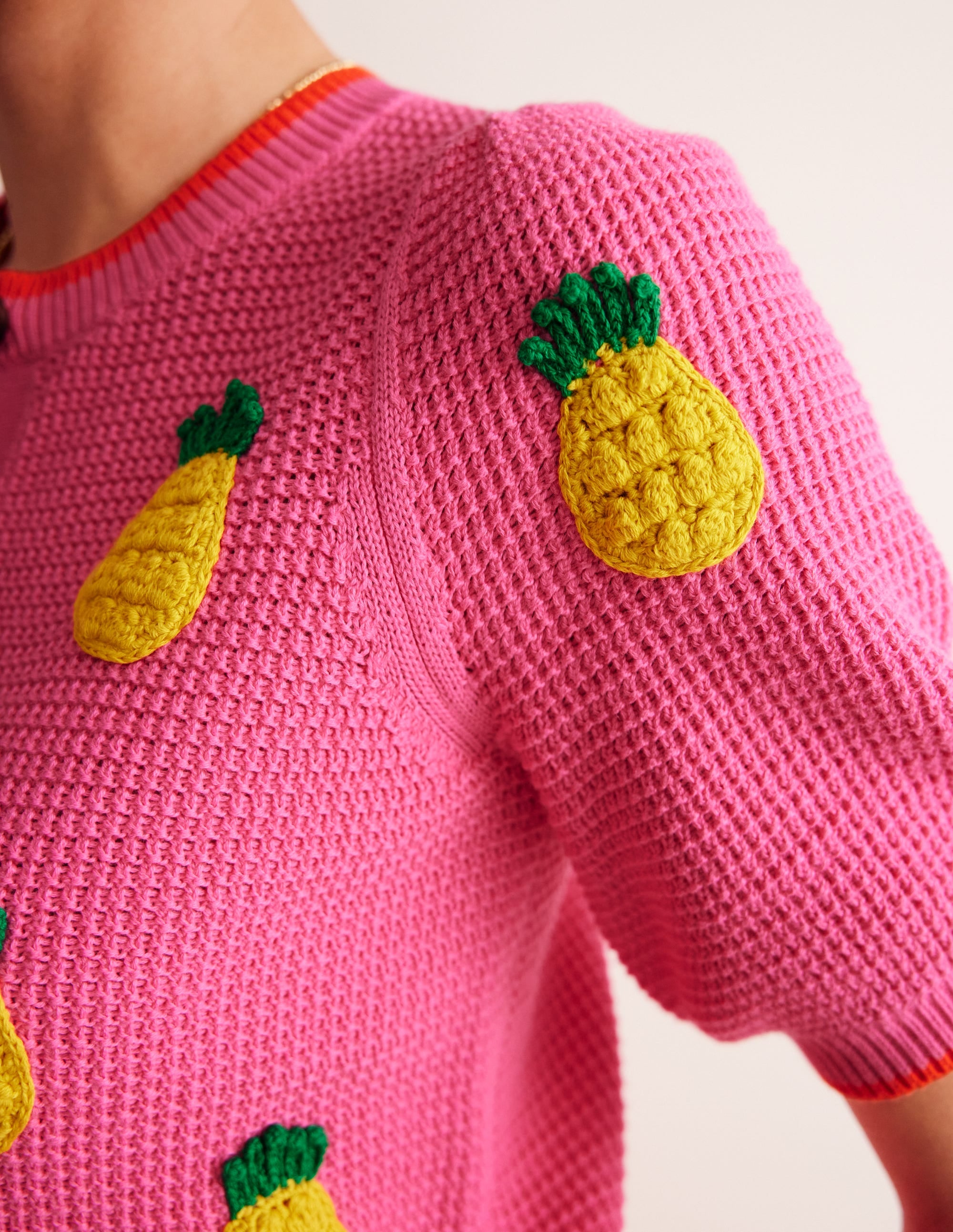Embroidered T-Shirt Cardigan-Party Pink, Pineapples - Image 2