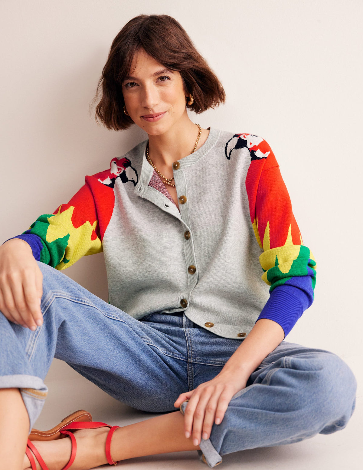 Novelty Knitted Cardigan-Pale Grey Melange, Parrots-1
