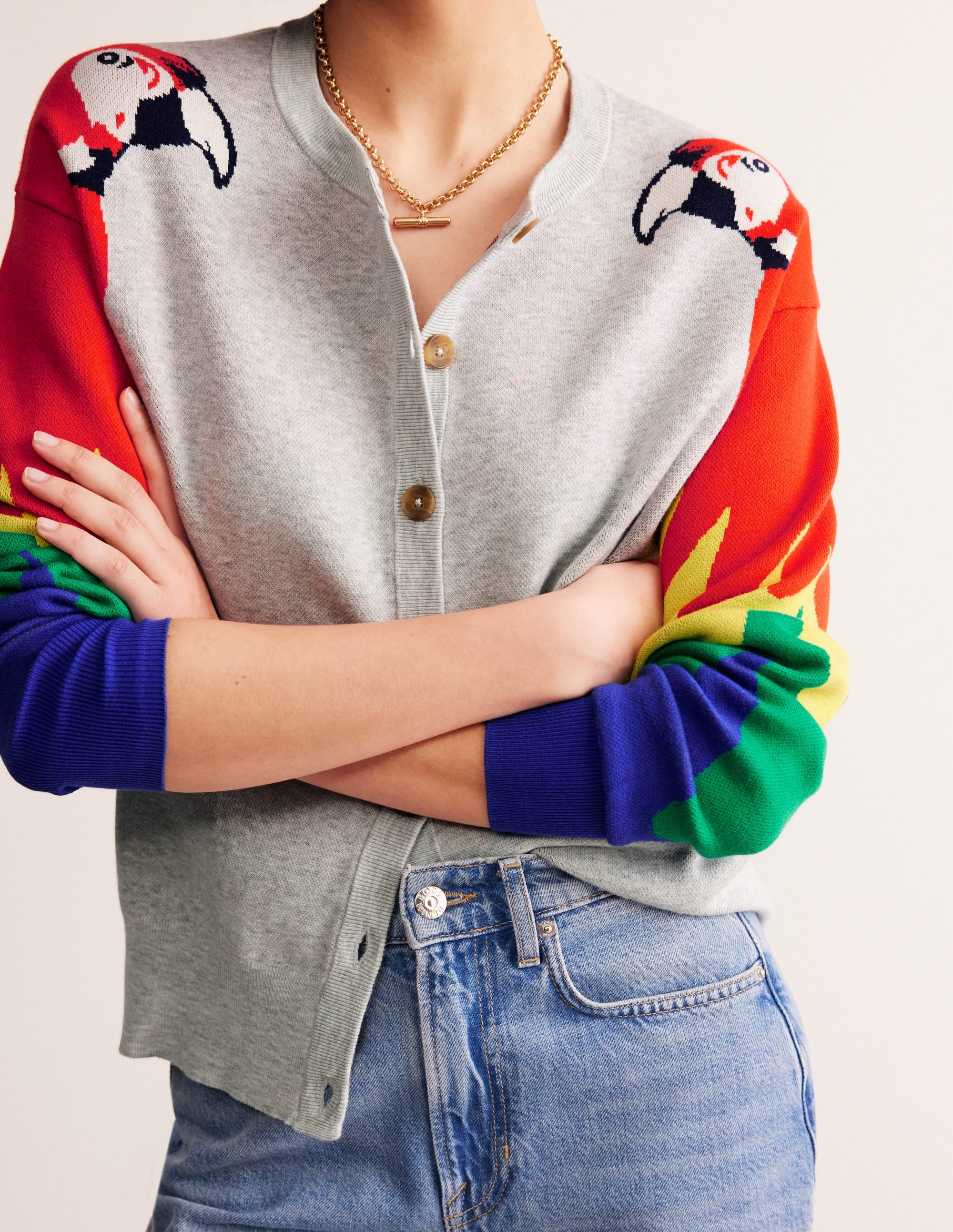 Novelty Knitted Cardigan-Pale Grey Melange, Parrots - Image 2