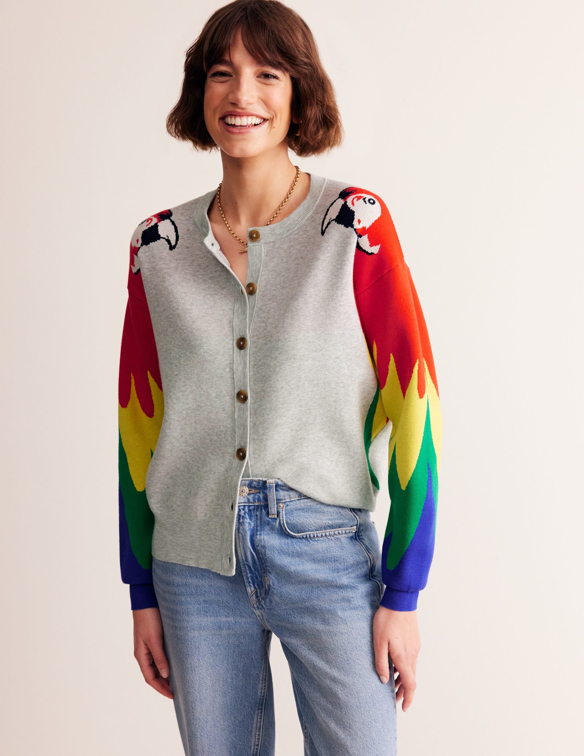Novelty Knitted Cardigan-Pale Grey Melange, Parrots - Image 4