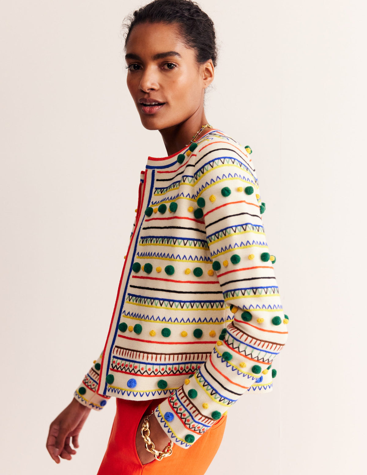 Pom Pom Knitted Jacket-Warm Ivory, Multi - Image 1