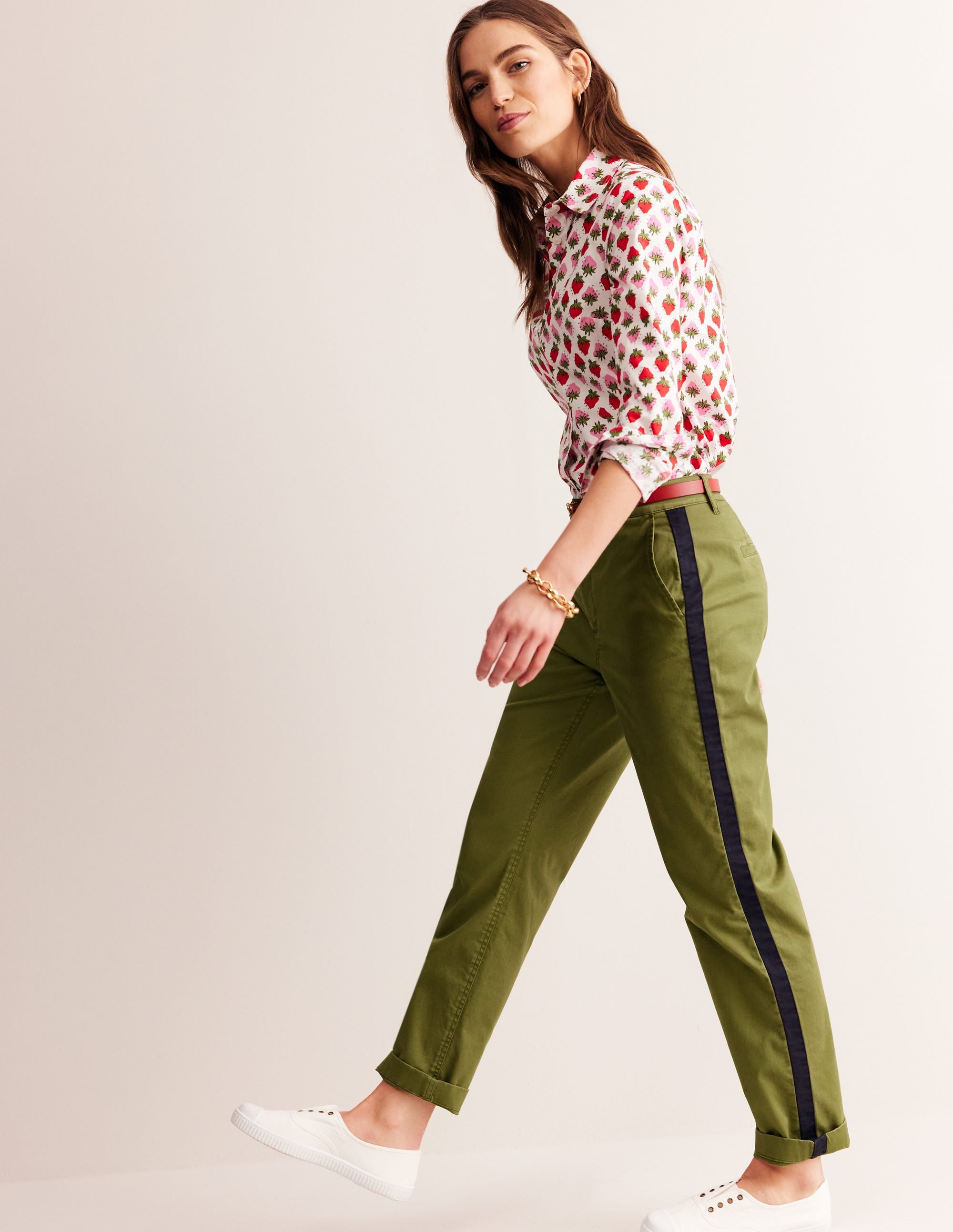 Barnsbury Chino Trousers-Khaki Navy Side Stripe - Image 1