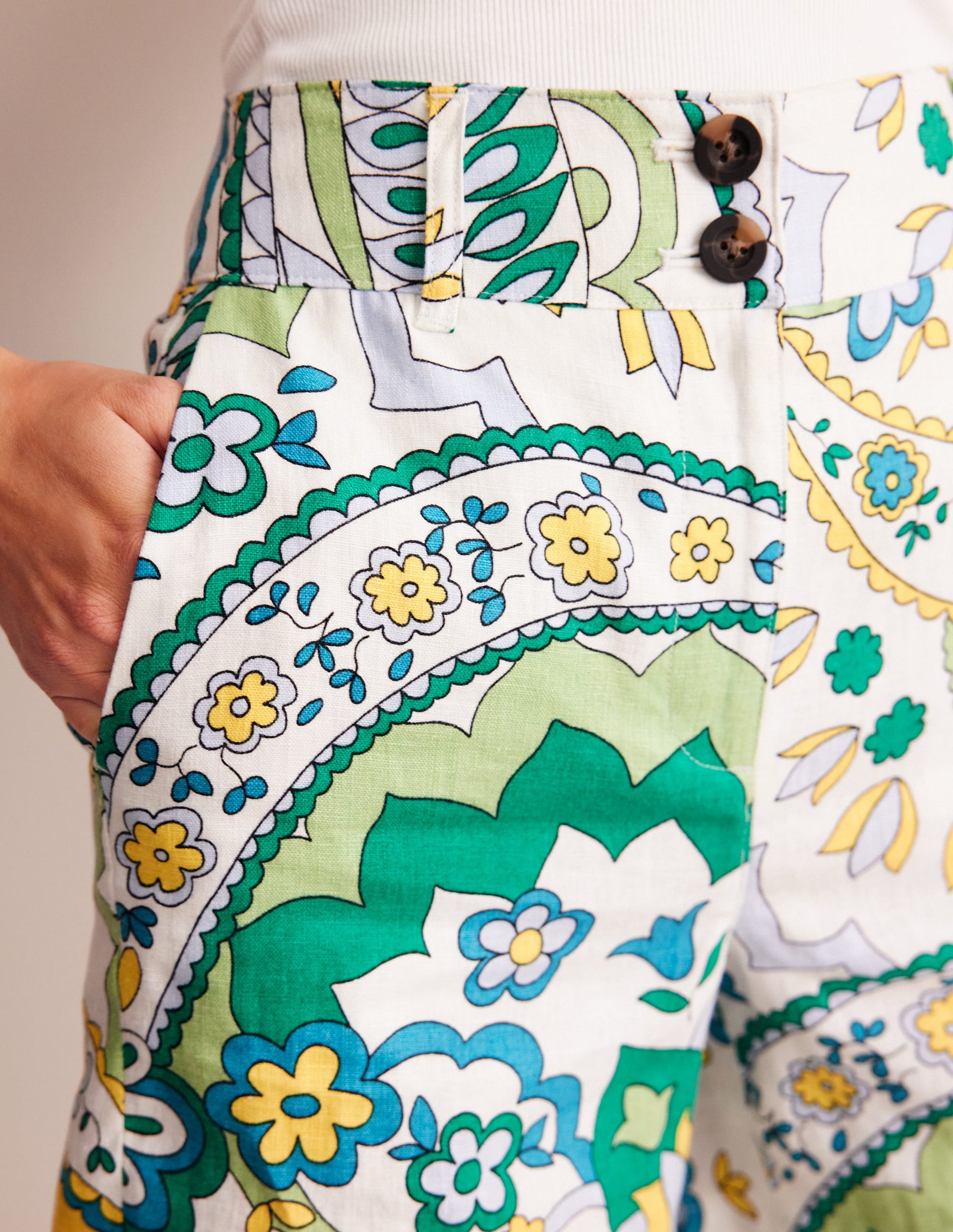 Westbourne Linen Shorts-Emerald, Foliage Paisley-2