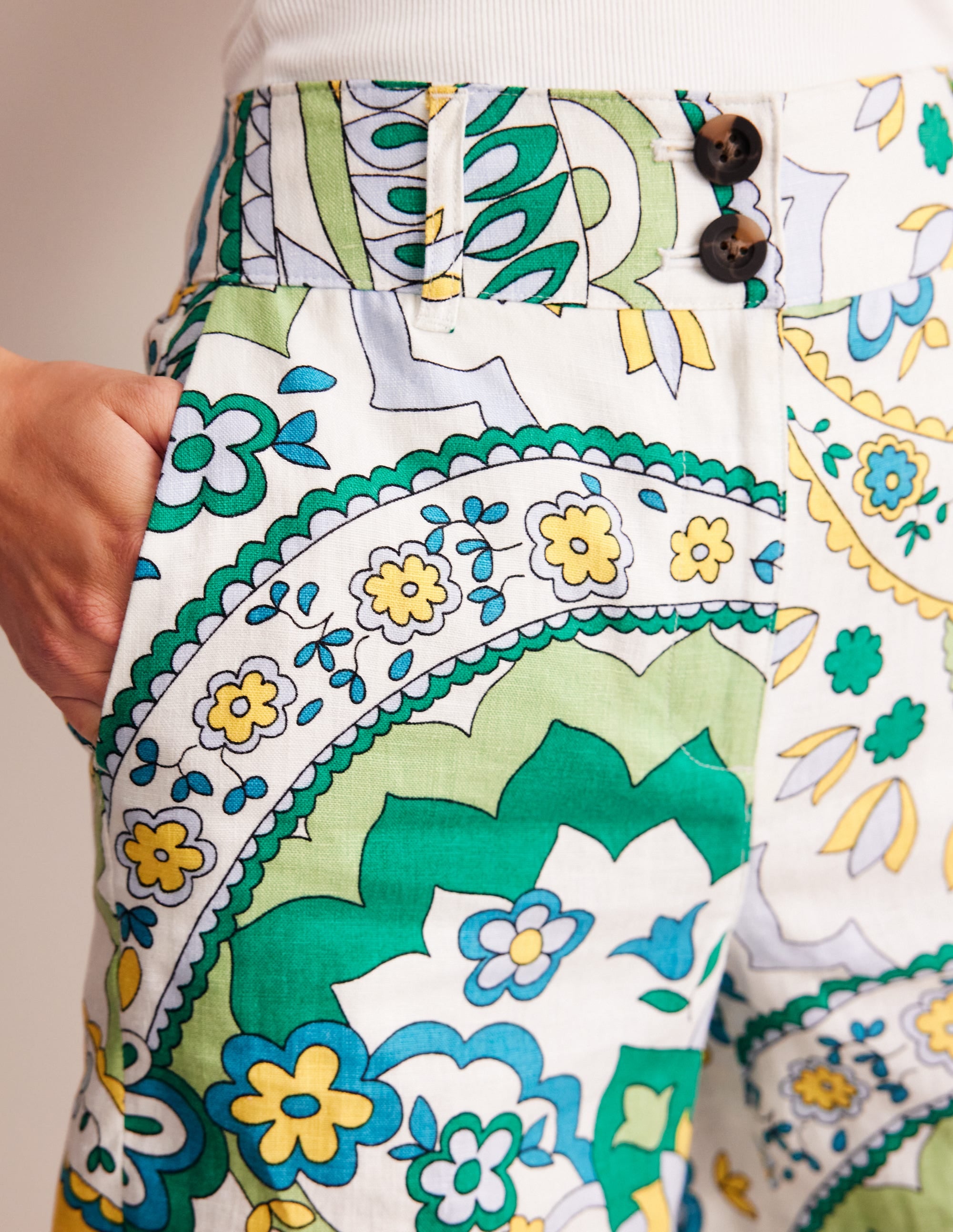 Westbourne Linen Shorts-Emerald, Foliage Paisley - Image 2
