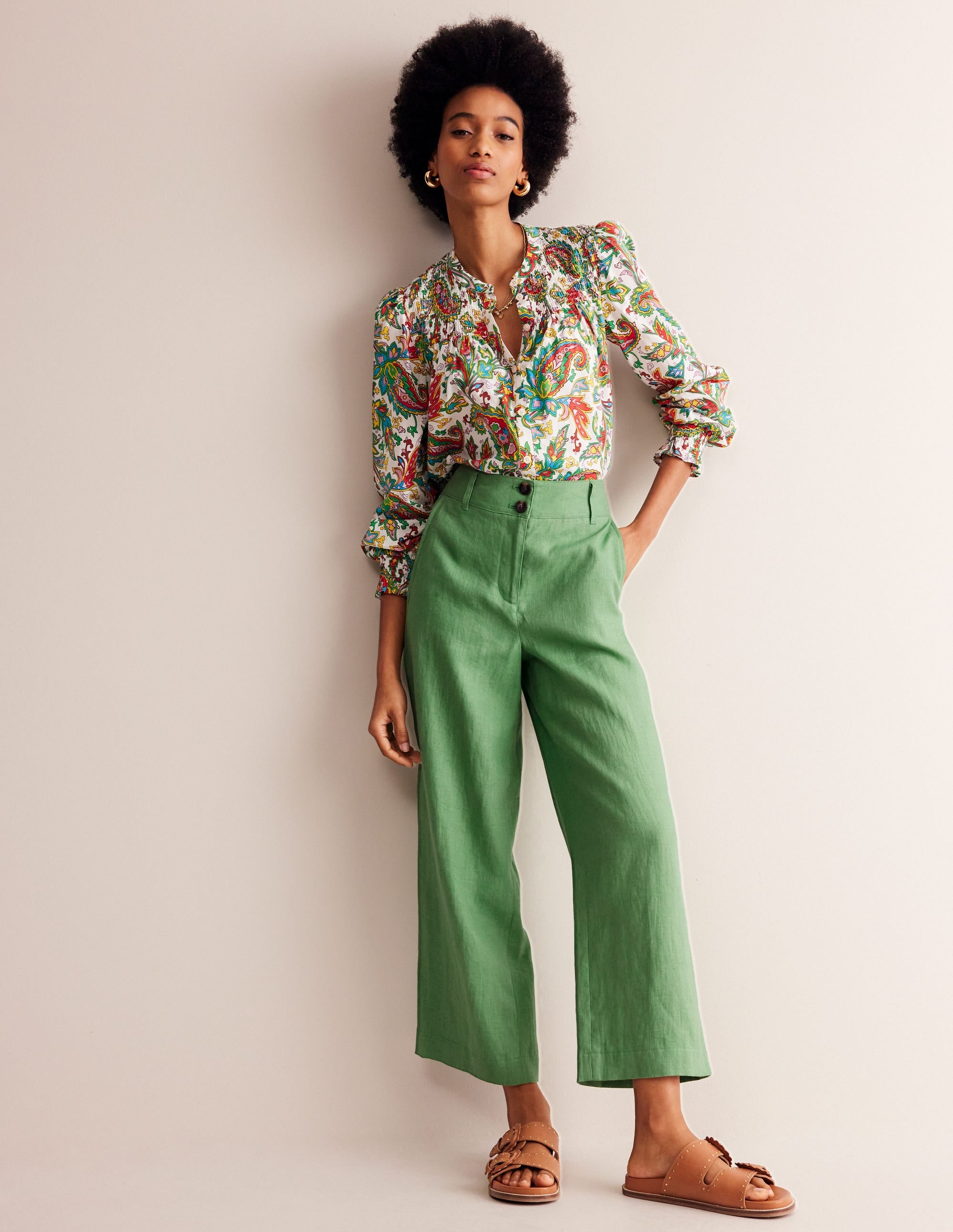 Westbourne Linen Crop Trousers-Stone Green - Image 1