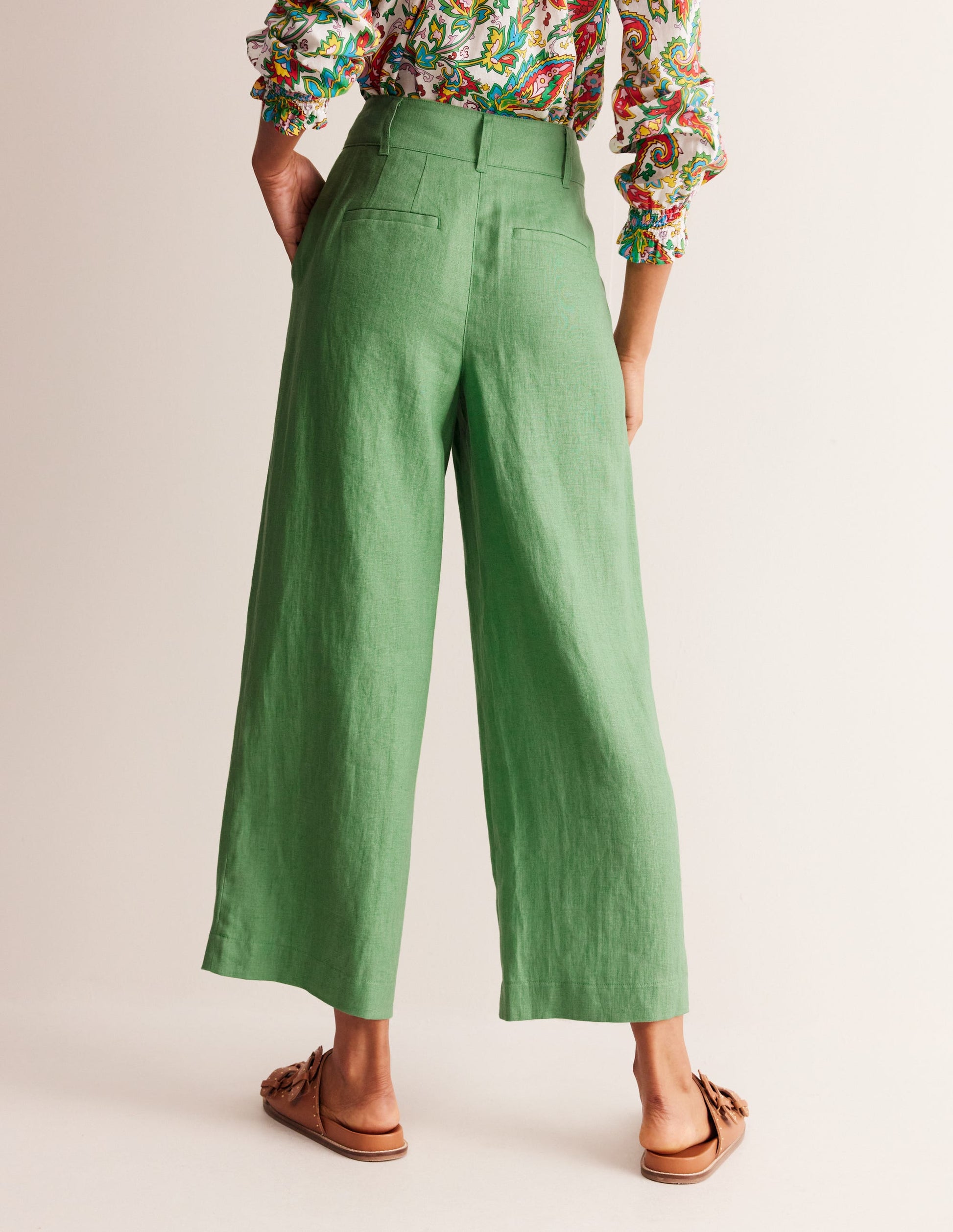 Westbourne Linen Crop Trousers-Stone Green-3