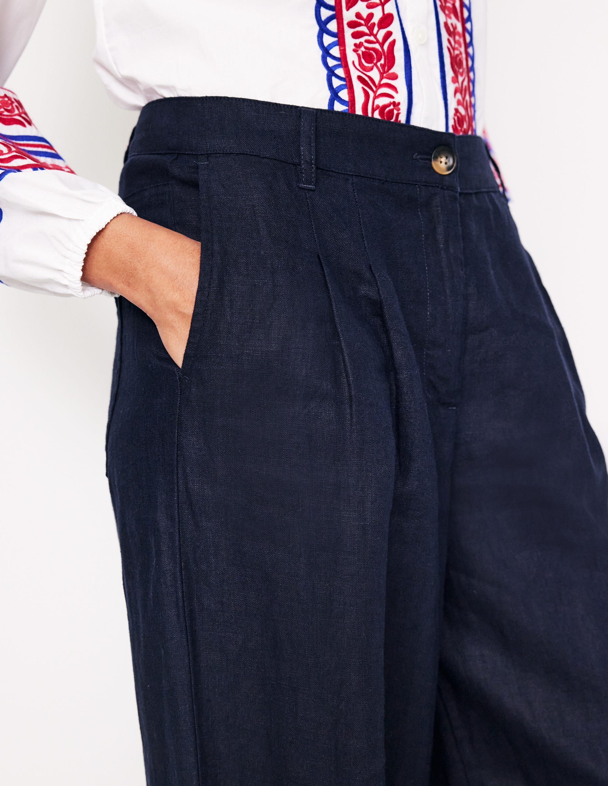 Regent Pleat Linen Trousers-Navy - Image 2