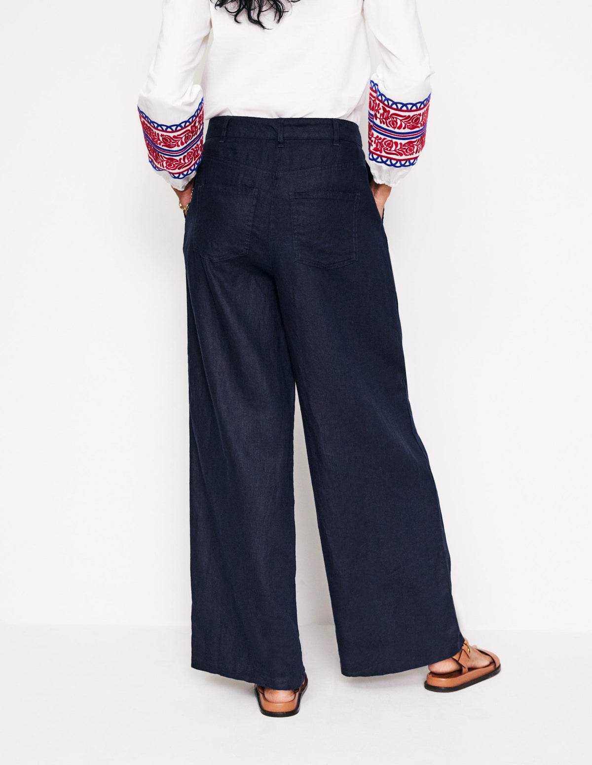 Regent Pleat Linen Trousers-Navy - Image 3