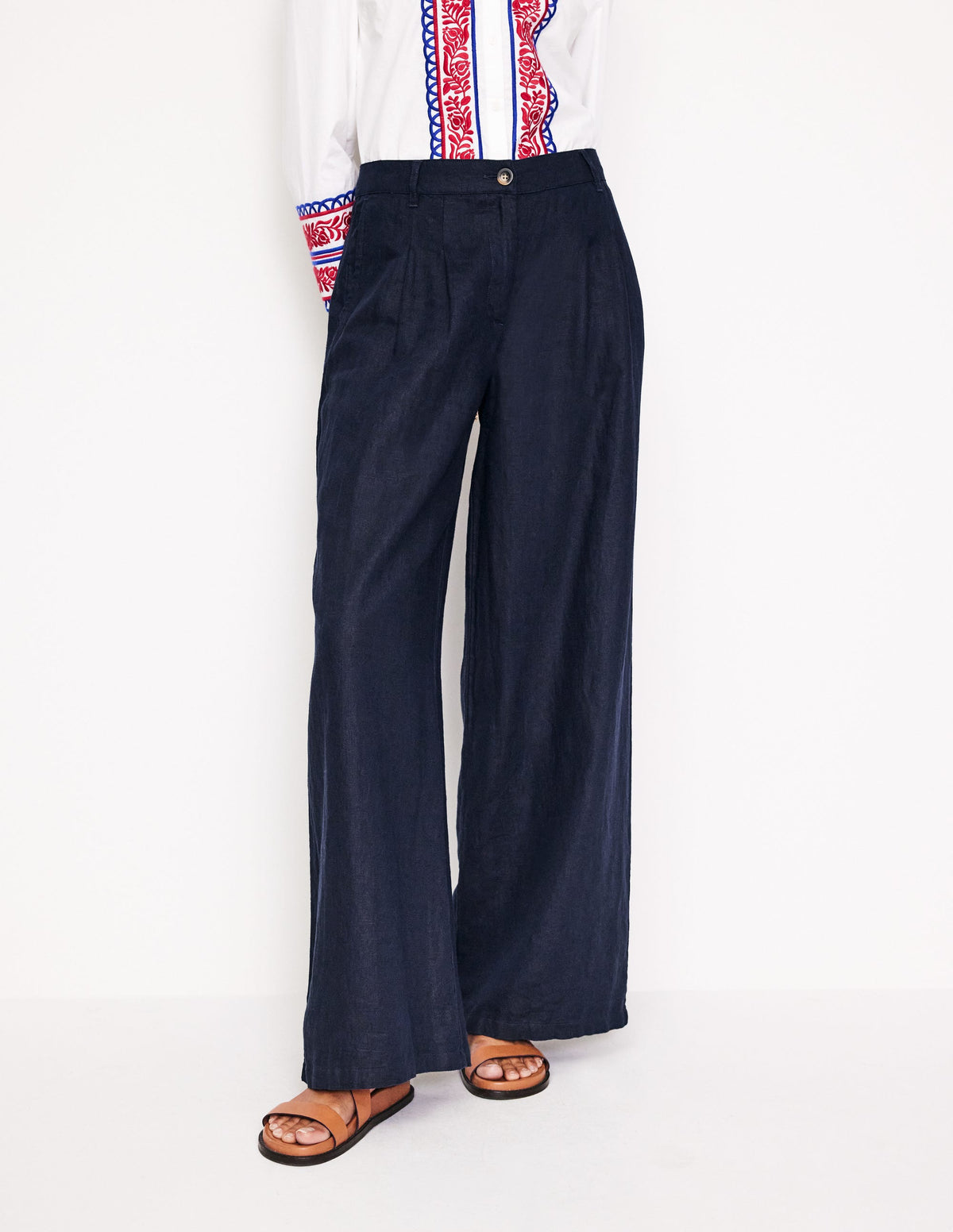 Regent Pleat Linen Trousers-Navy - Image 4
