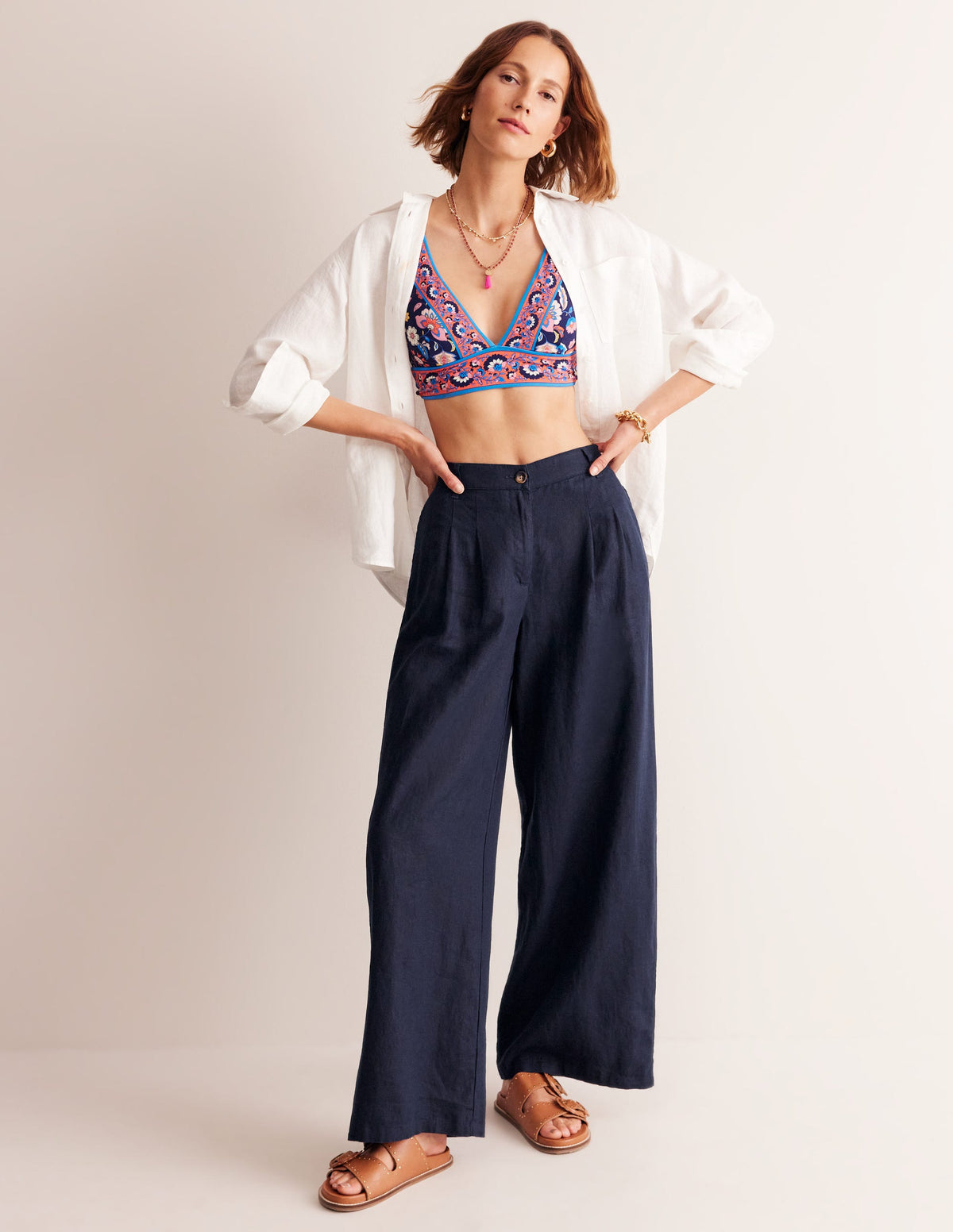 Regent Pleat Linen Trousers-Navy - Image 7