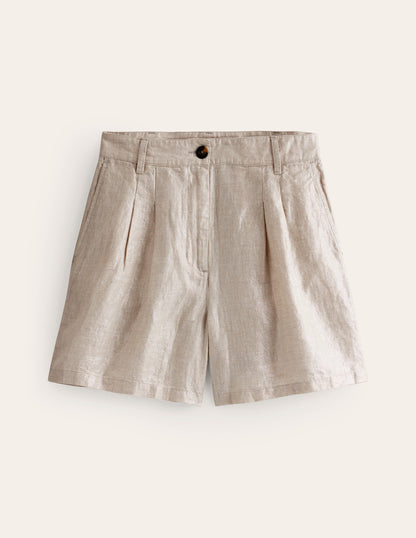 Pleated Linen Shorts-Neutral Metallic-5