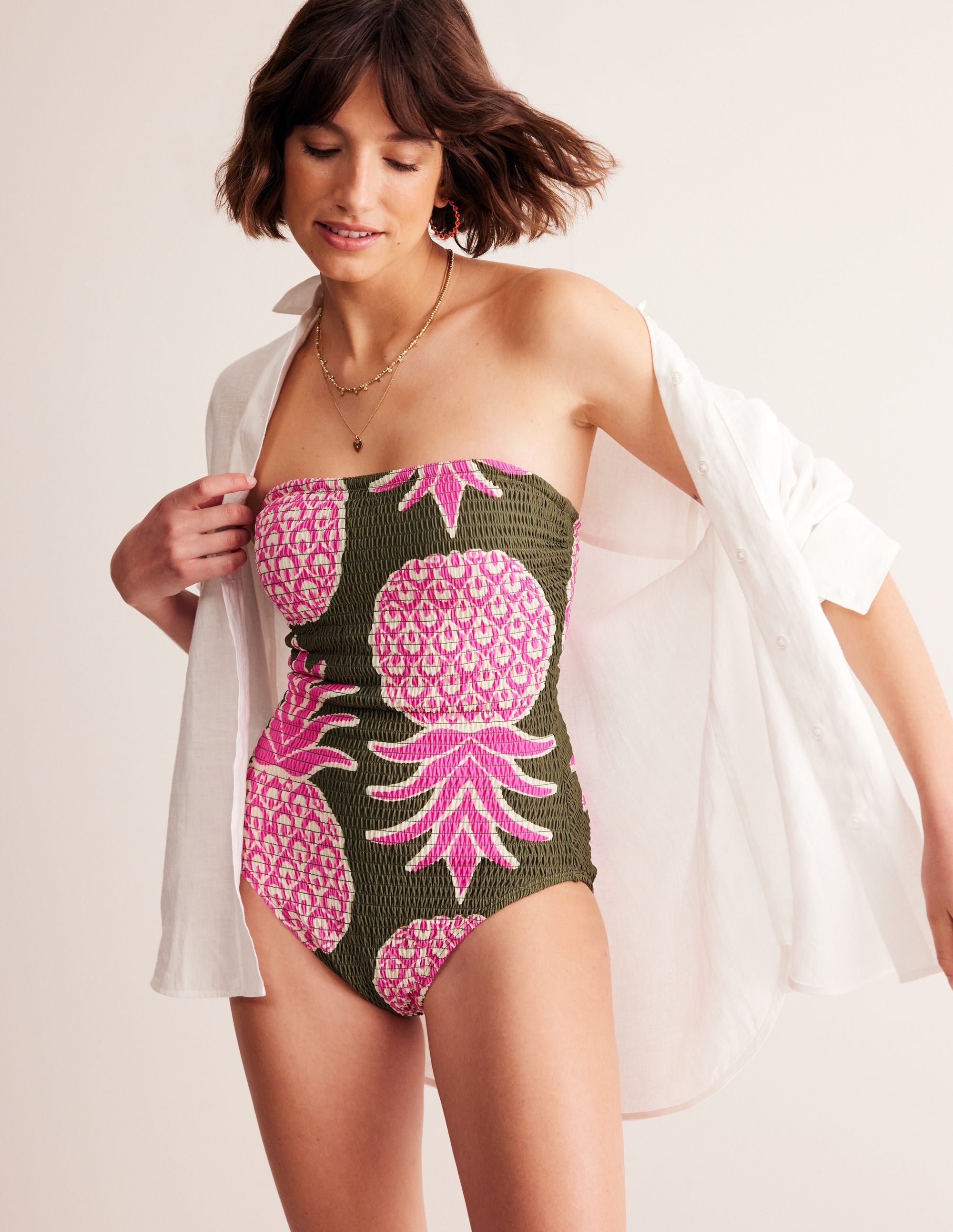 Milos Smocked Bandeau Swimsuit-Winter Moss, Pineapple Pop - Image 1