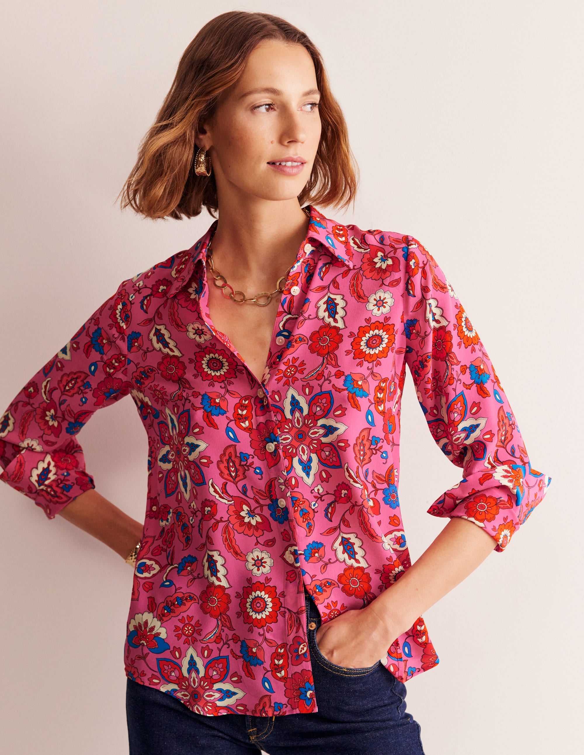 Sienna Silk Shirt-Pink, Botanical Wave - Image 4