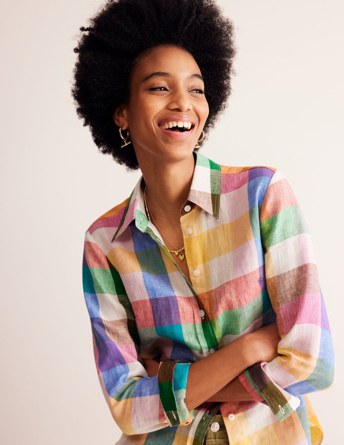 Sienna Linen Shirt-Bright Neon, Multi Gingham - Image 1