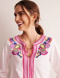 Diana Embroidered Tie Neck Top-White Embroidery
