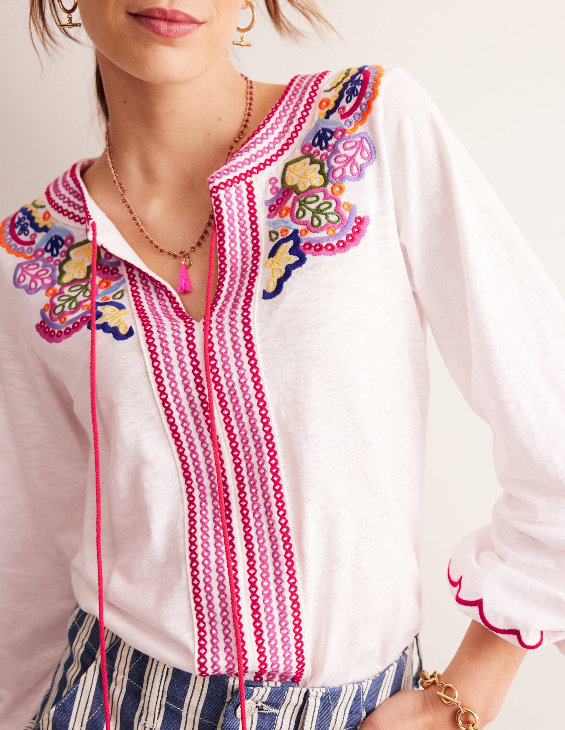 Diana Embroidered Tie Neck Top-White Embroidery-4