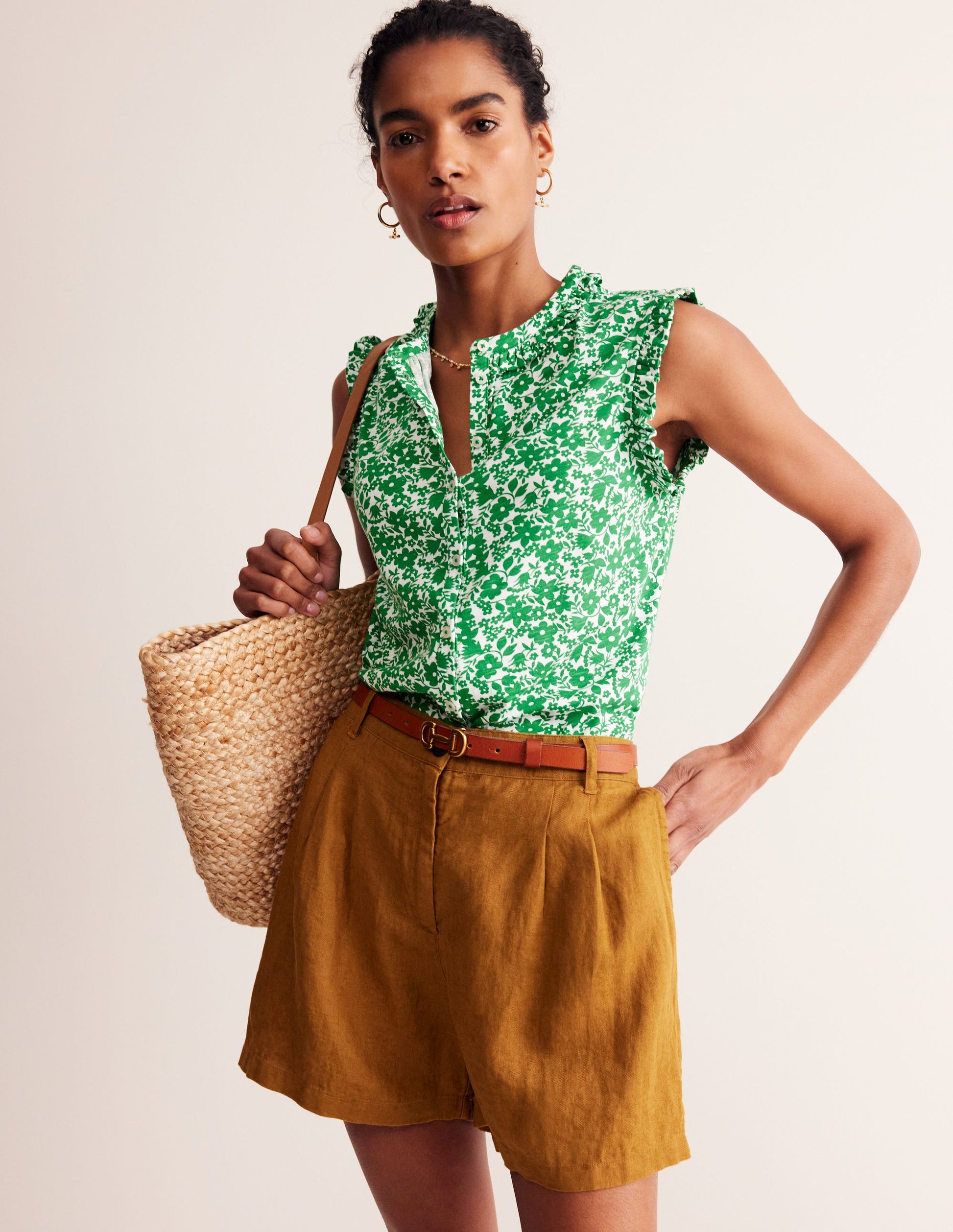 Olive Sleeveless Shirt-Green Tambourine, Tulip Garden-1