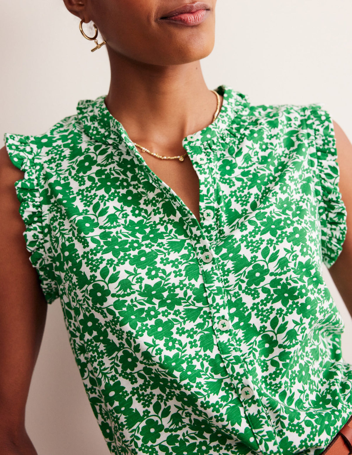 Olive Sleeveless Shirt-Green Tambourine, Tulip Garden-2