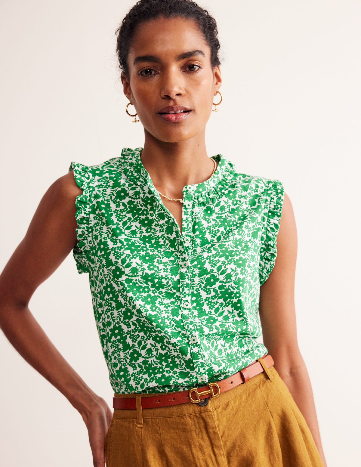 Olive Sleeveless Shirt-Green Tambourine, Tulip Garden-4