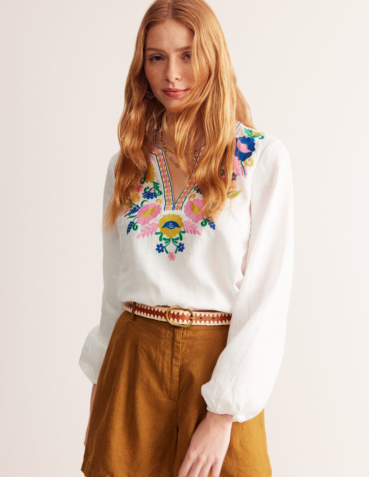 Bonnie Linen Top-White, Floral-1
