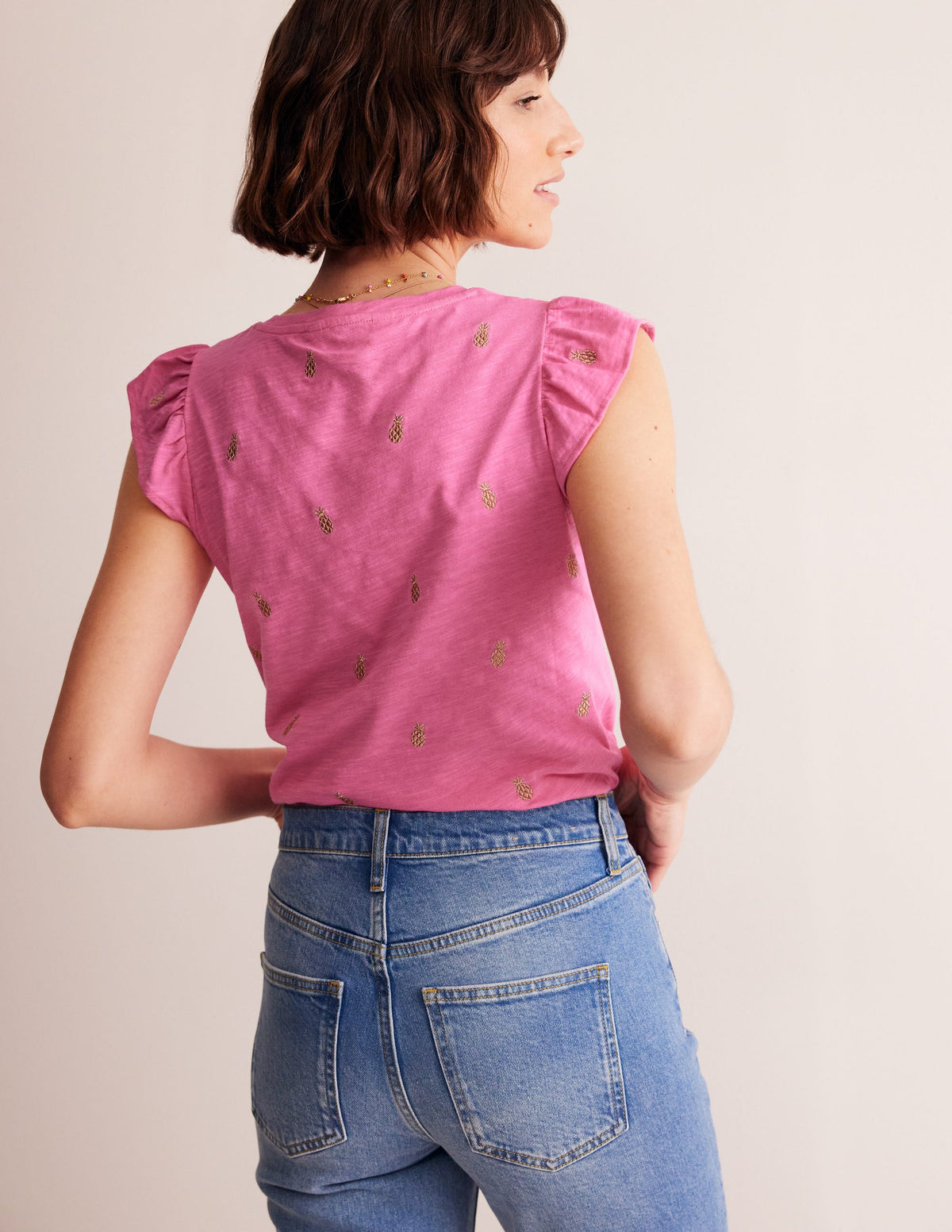 Dora Flutter Sleeve Top-Sangria Sunset, Pineapples - Image 3