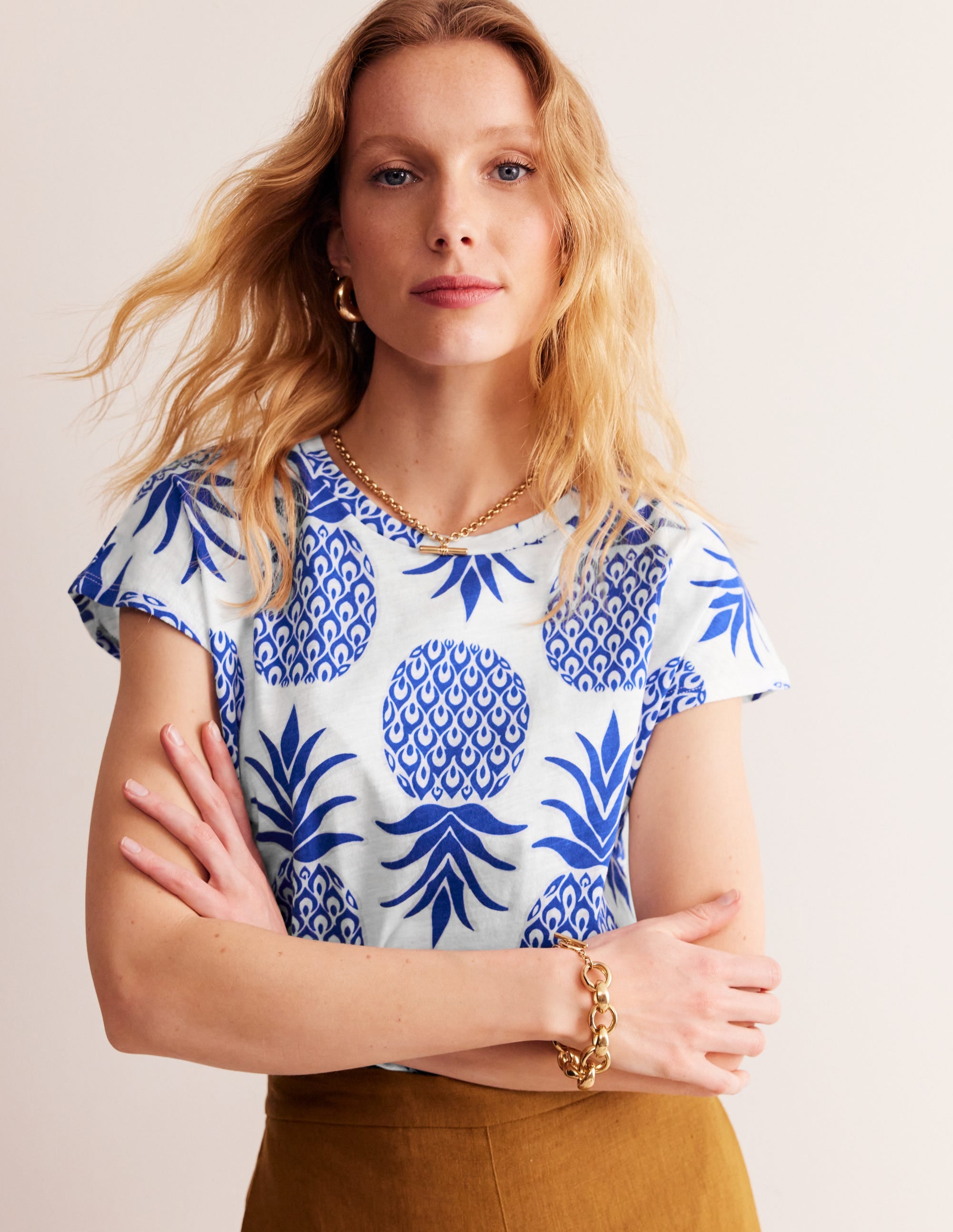 Louisa Printed Slub T-Shirt-Surf The Web, Pineapple Pop - Image 1