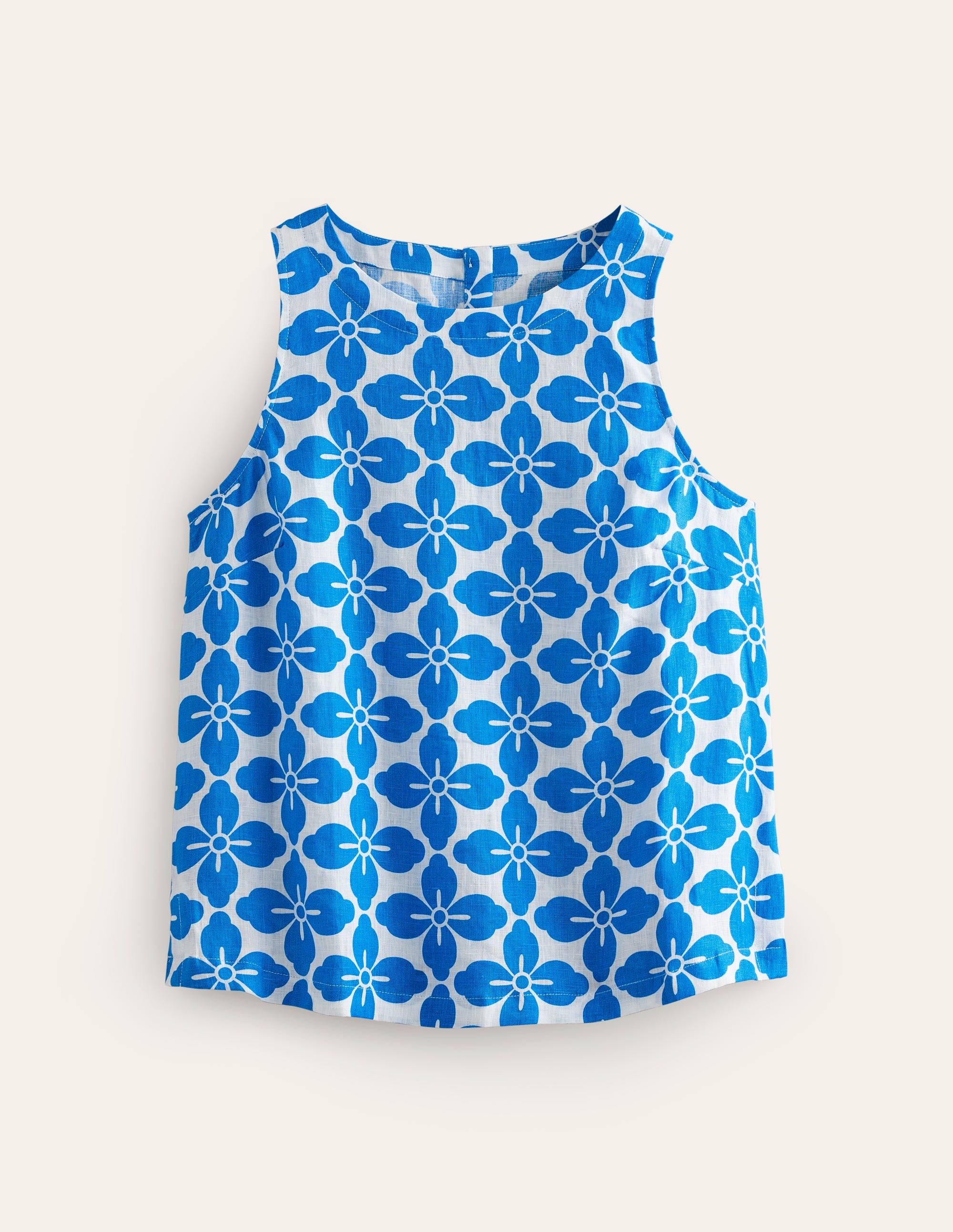 Linen Sleeveless Shell Top-Cerulean Blue, Floral Tile - Image 6