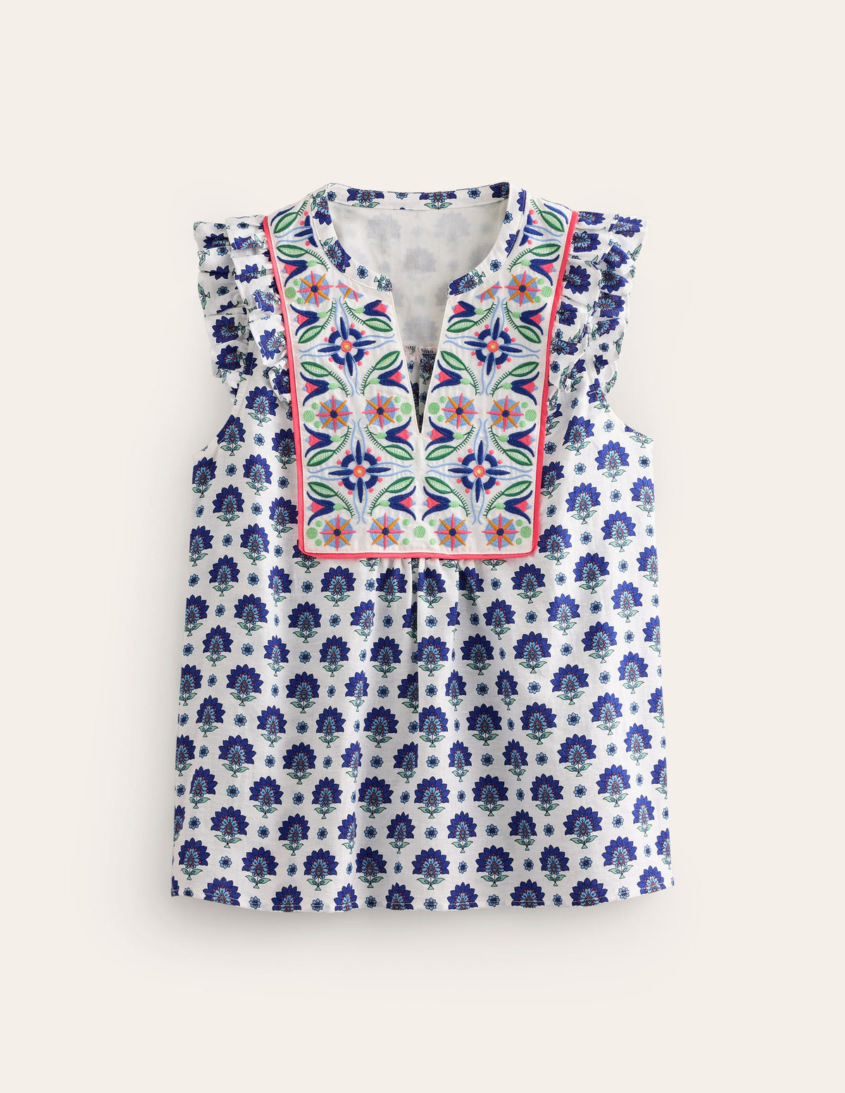 Frill Detail Embroidered Top-Bright Blue, Passion Geo - Image 5
