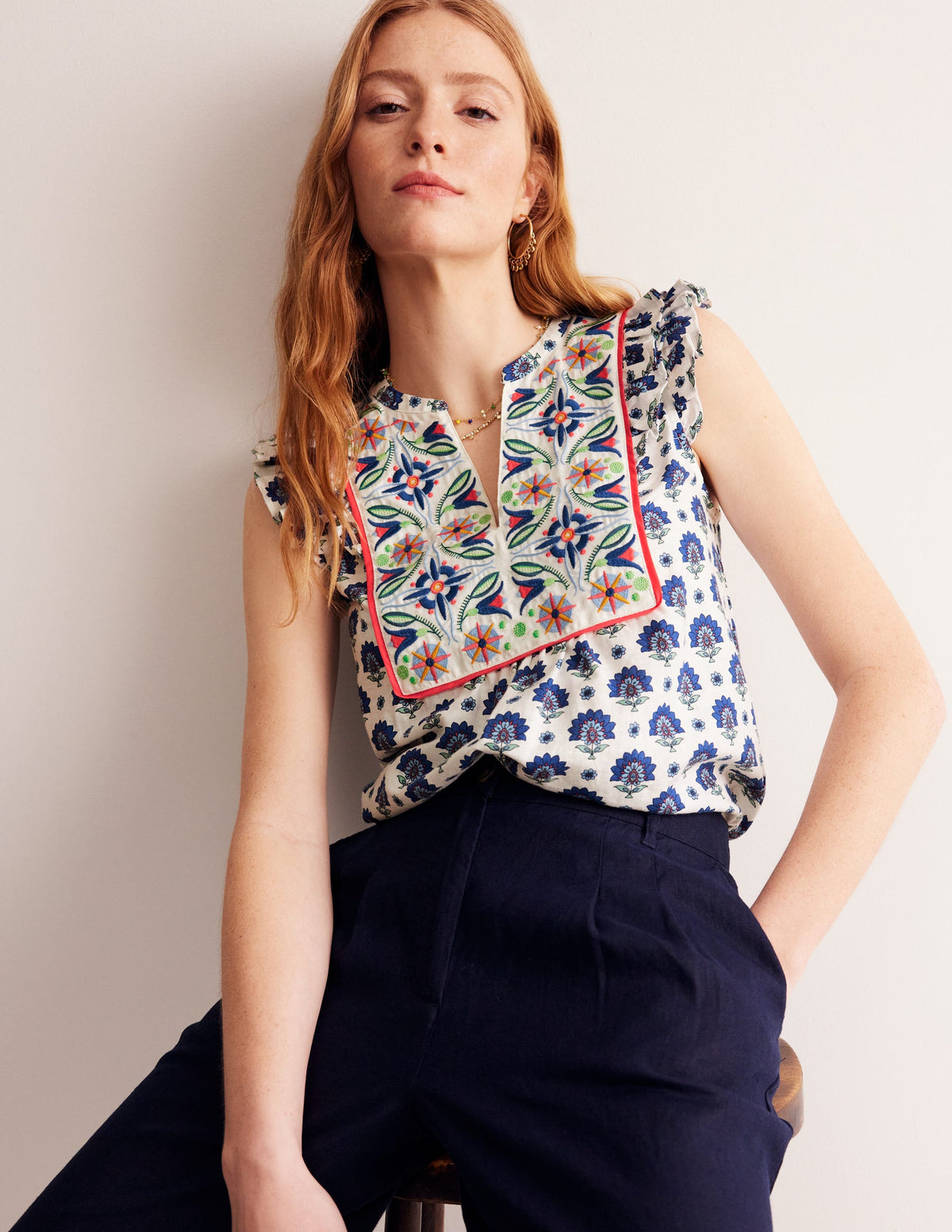Frill Detail Embroidered Top-Bright Blue, Passion Geo-1