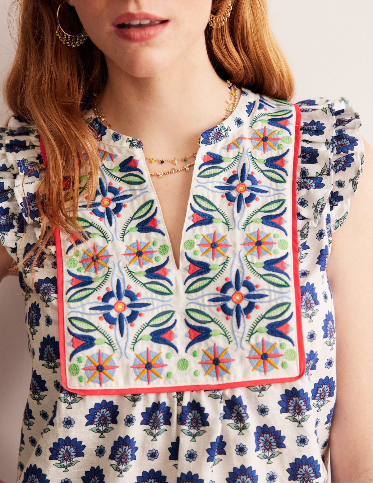 Frill Detail Embroidered Top-Bright Blue, Passion Geo - Image 2