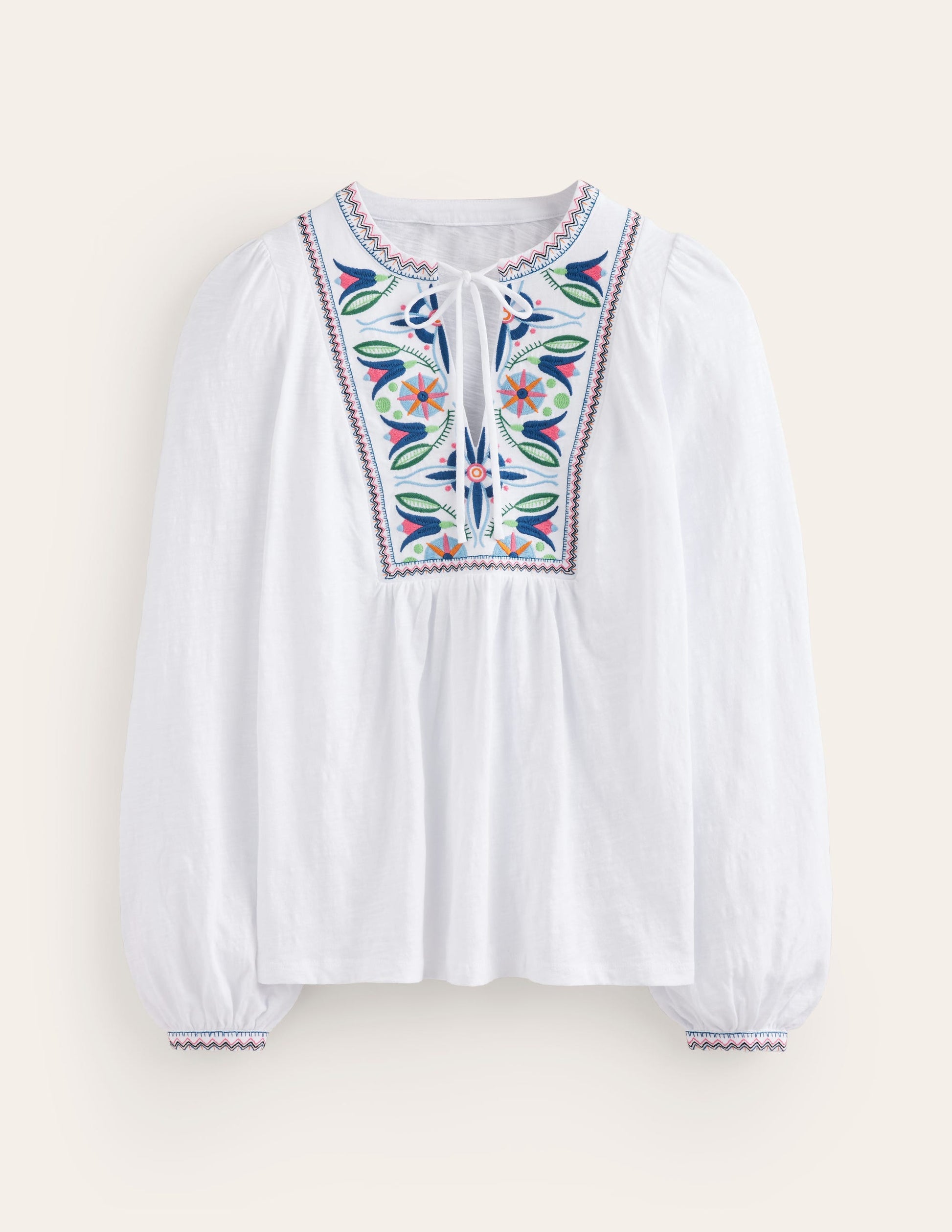 Embroidered Yoke Detail Top-White, Multi-5