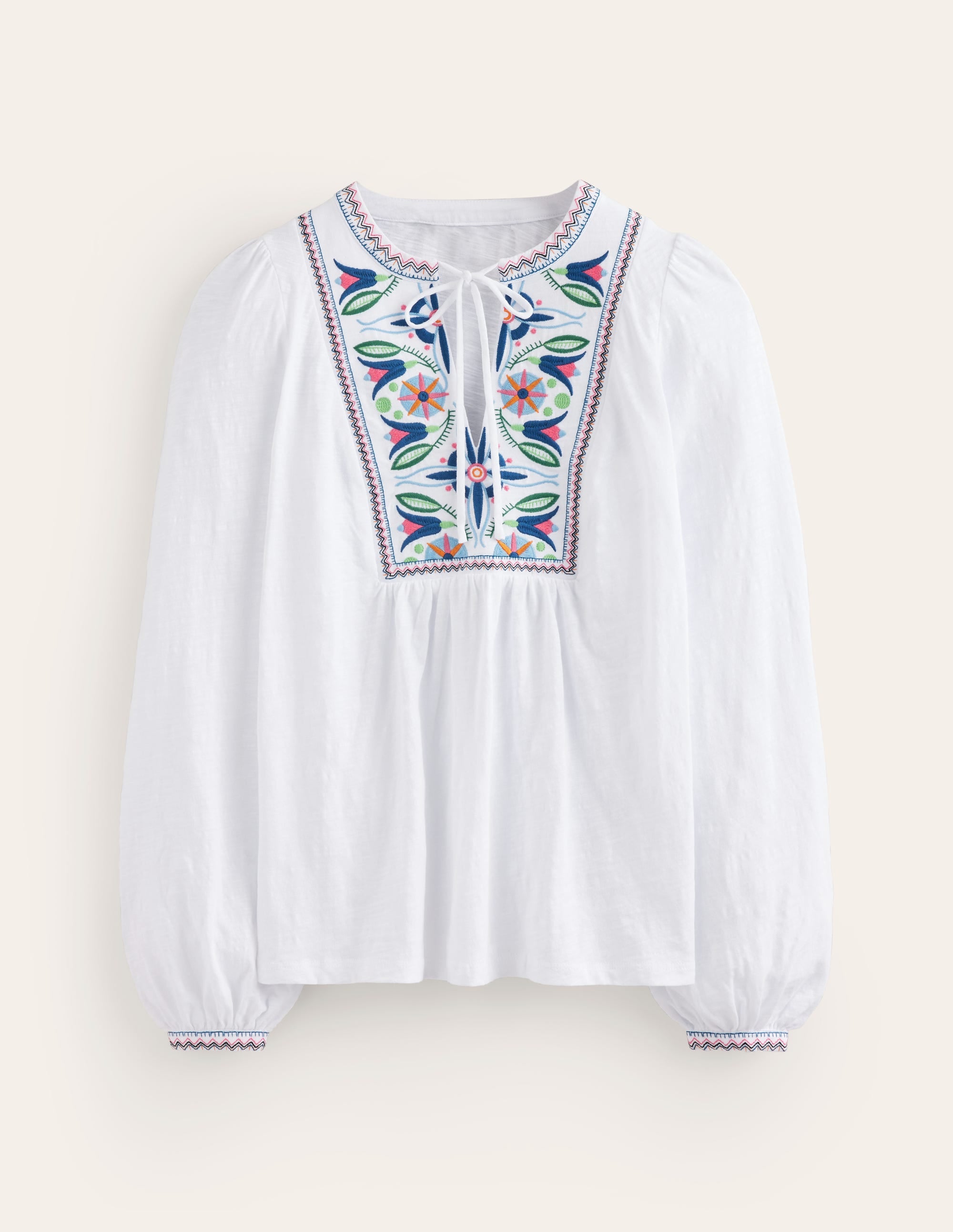 Embroidered Yoke Detail Top-White, Multi - Image 5