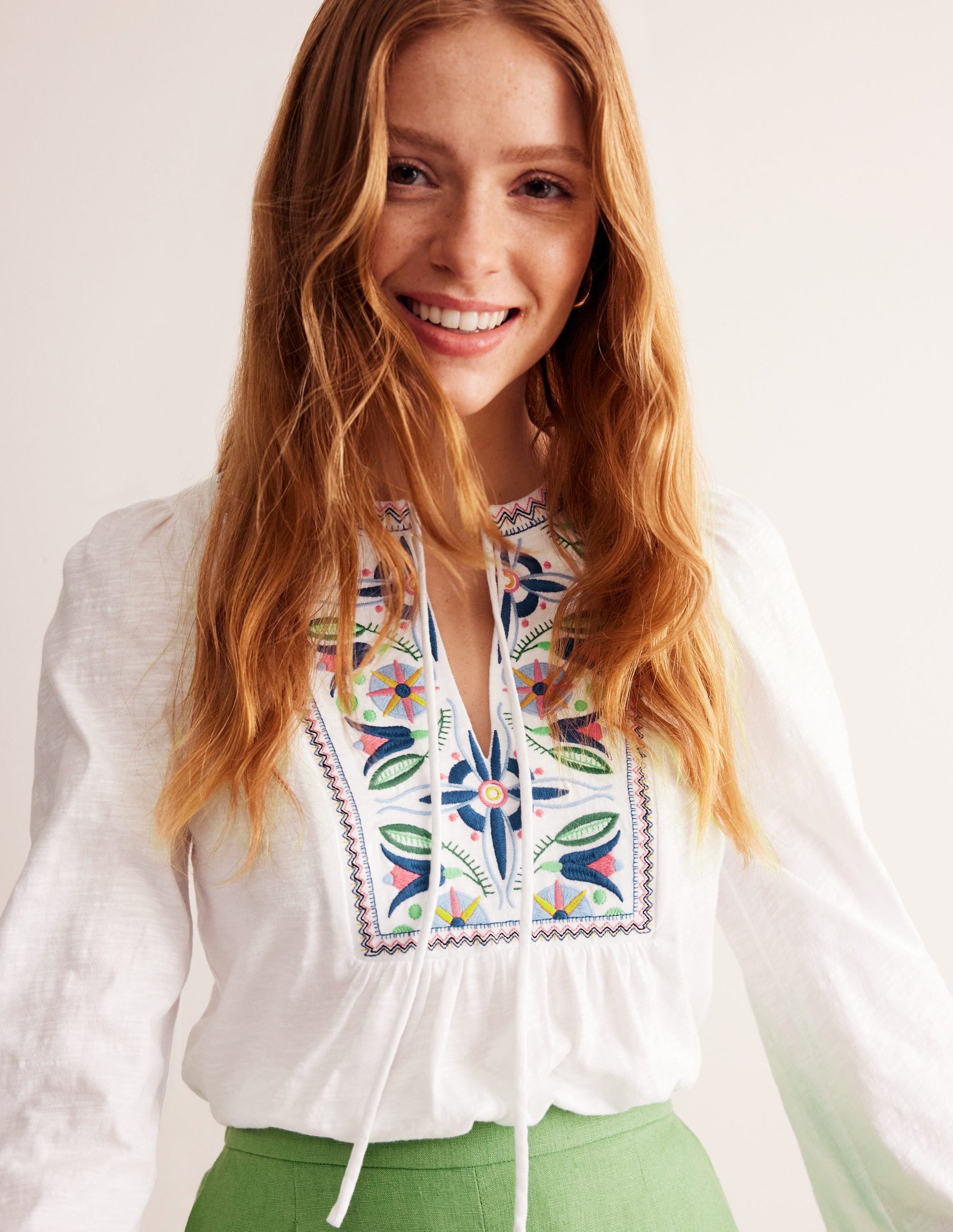 Embroidered Yoke Detail Top-White, Multi-2