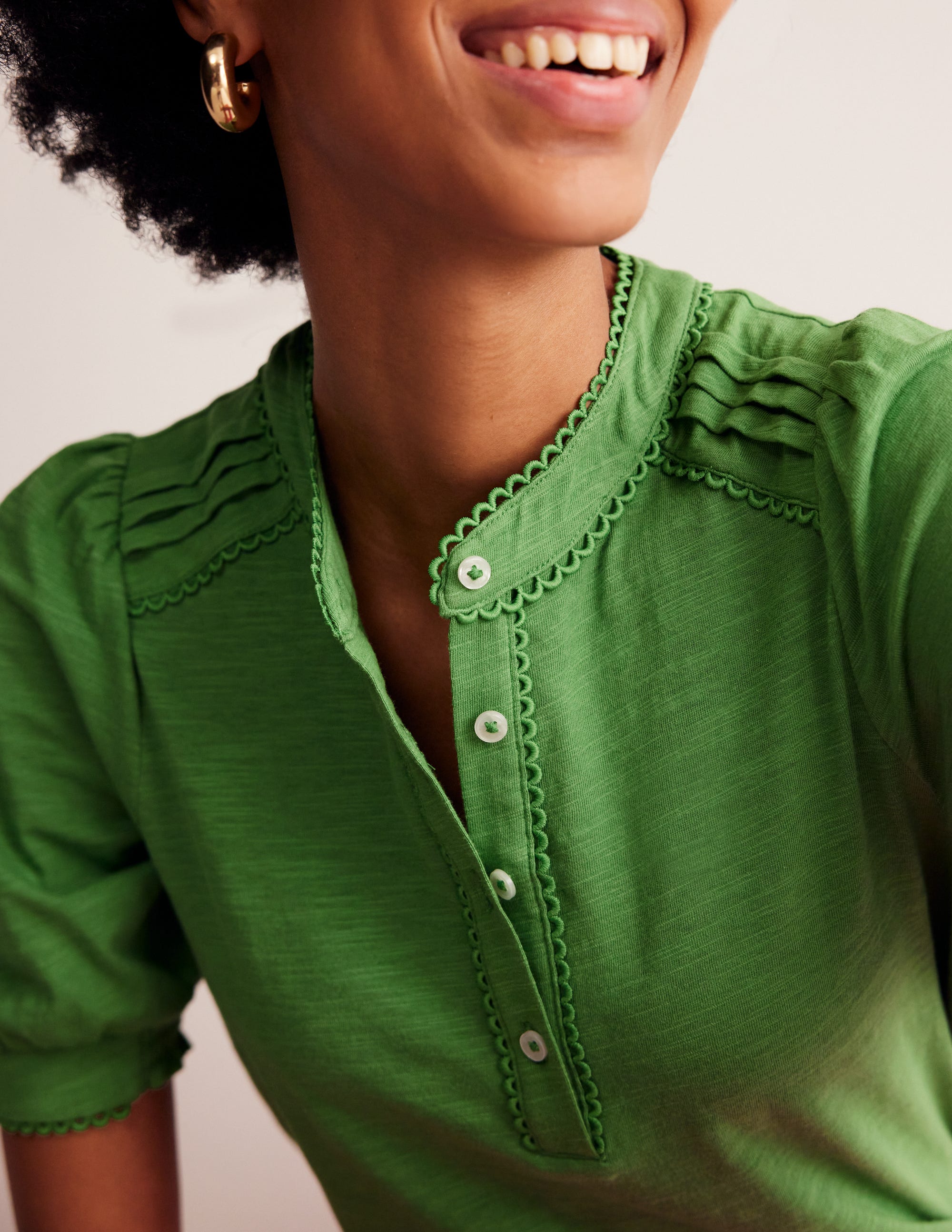 Pintuck Puff Sleeve Henley-Lichen - Image 3
